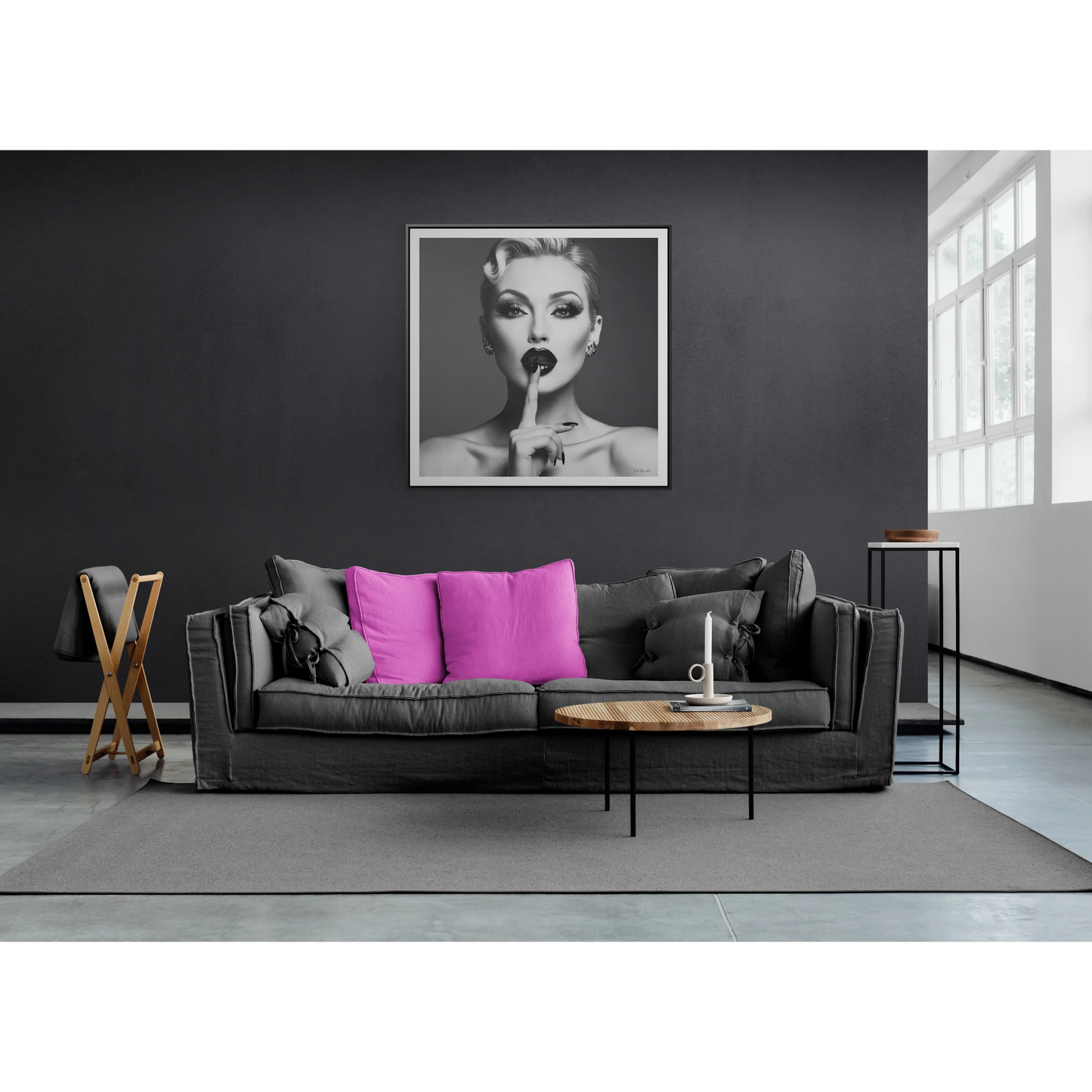 Square Frame Canvas Wall Art, Black & White Glamorous Woman Be Quiet Portrait, Fine Art Photography, Gallery Canvas Wraps, Home Decor, Wall - LOLA VEGAS ART