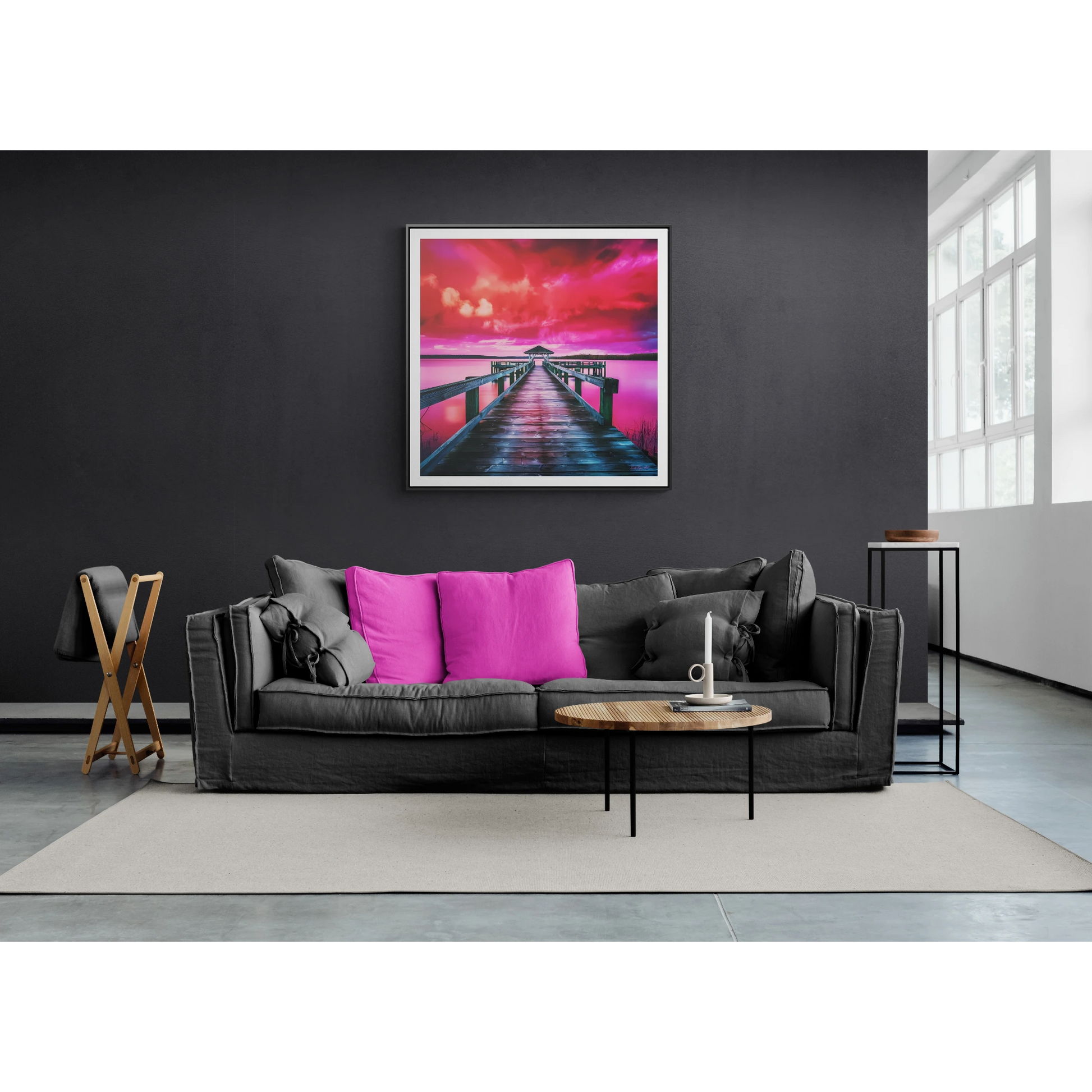 Serene Lake Dock Canvas Wall Art, Square Frame Landscape Print, Peaceful Nature Gallery Wrap, Stunning Pink and Red Sky Decor, Calm Water - LOLA VEGAS ART