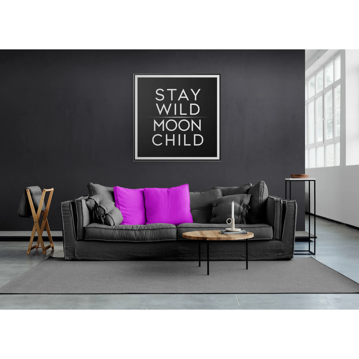 Square Frame Canvas Wall Art, Stay Wild Moon Child Typography Print, Black and White Home Decor, Gallery Canvas Wraps, Boho Wall Hanging, - LOLA VEGAS ART