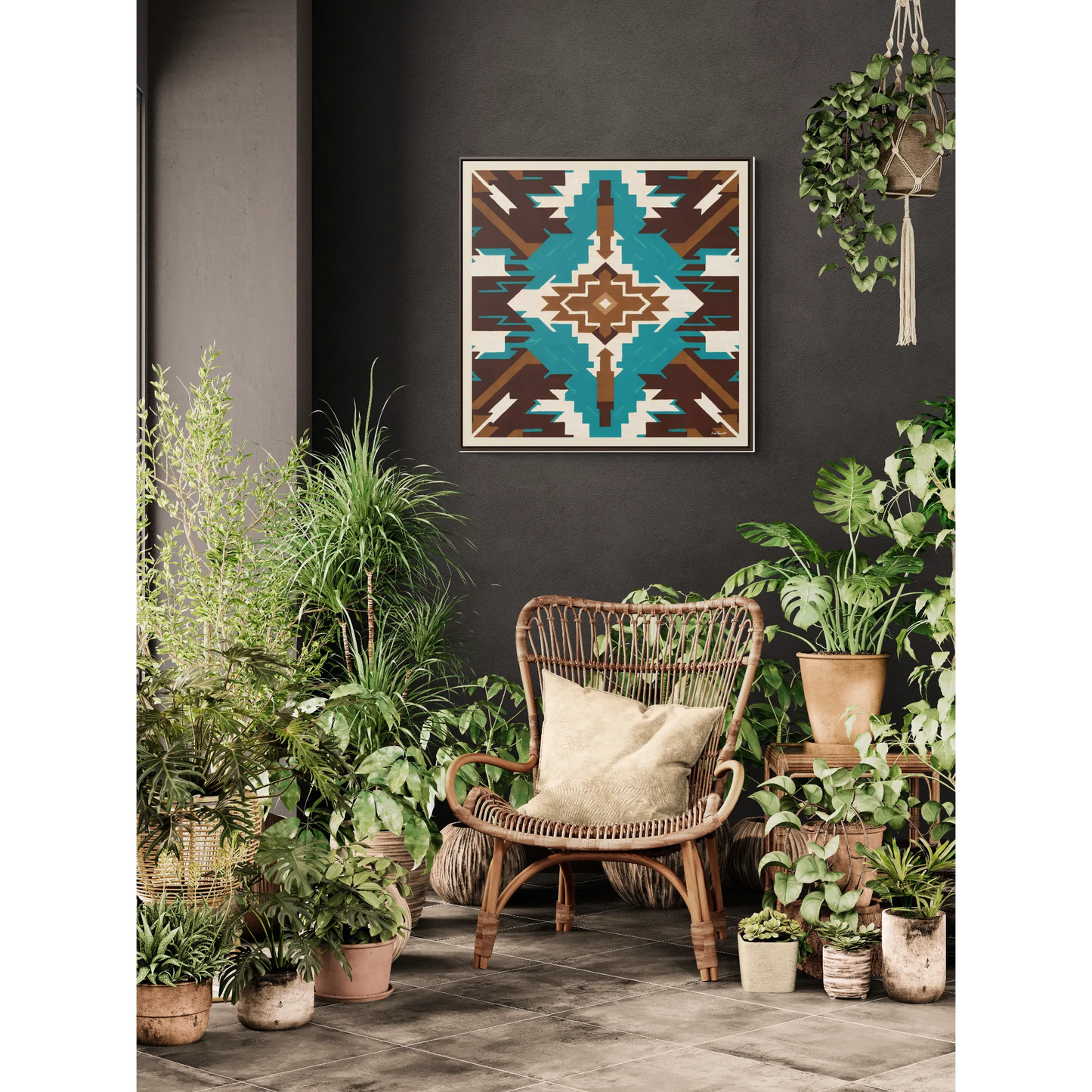 Framed Canvas Art, Native American Boho Wall Decor, Ethnic Home Decoration, Square Frame, Gallery Canvas, Turquoise and Brown Design - LOLA VEGAS ART