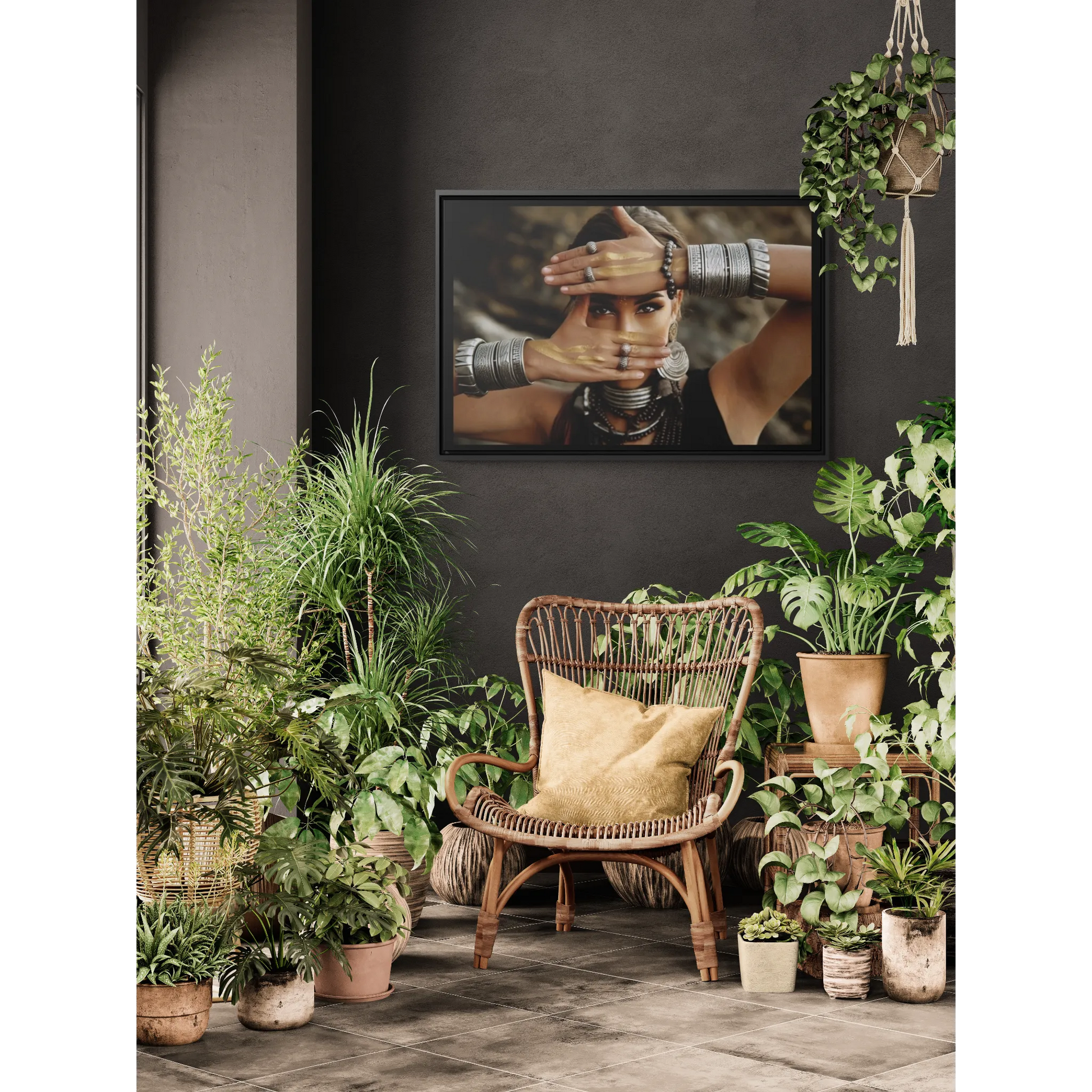 Indigenous Woman Silver Jewelry Square Canvas Wall Art, Ethnic Decor, Exotic Fine Art Photography, Mysterious Home Decor, Dramatic Wall - LOLA VEGAS ART