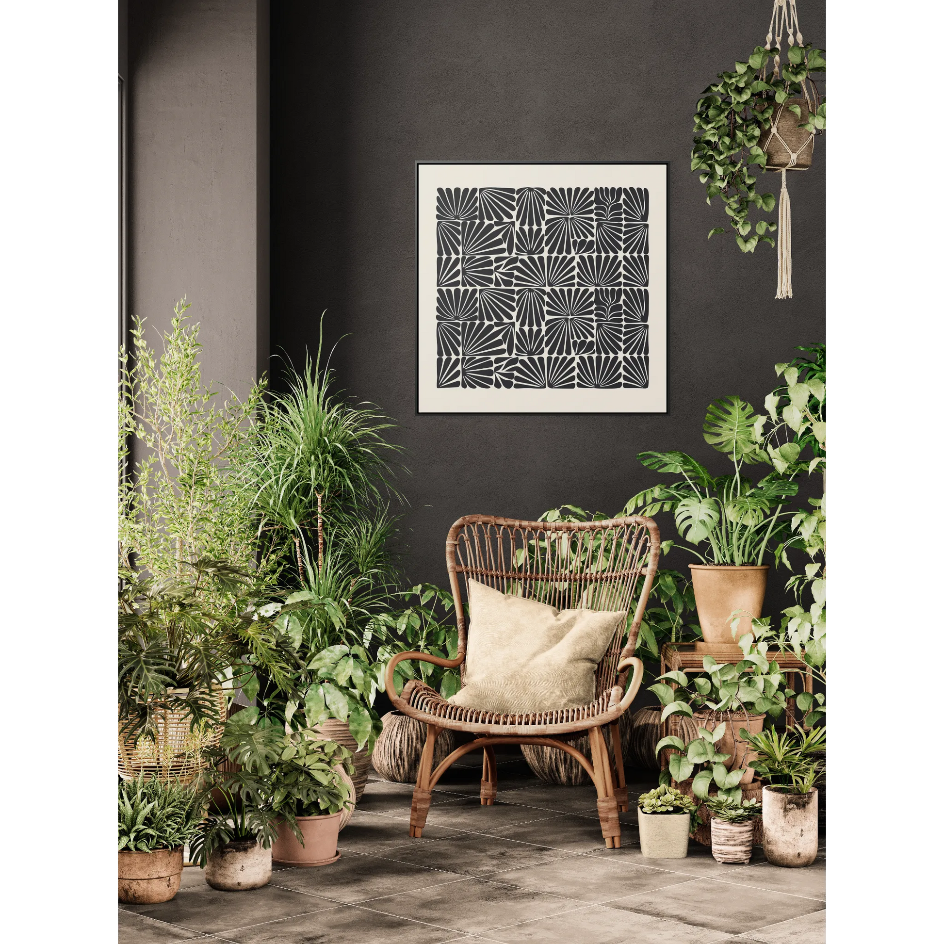 Floral Abstract Square Frame Canvas Wall Art, Matisse Style Retro Decor, Black and Off-White, Gallery Canvas Wraps, Abstract Floral Wall - LOLA VEGAS ART