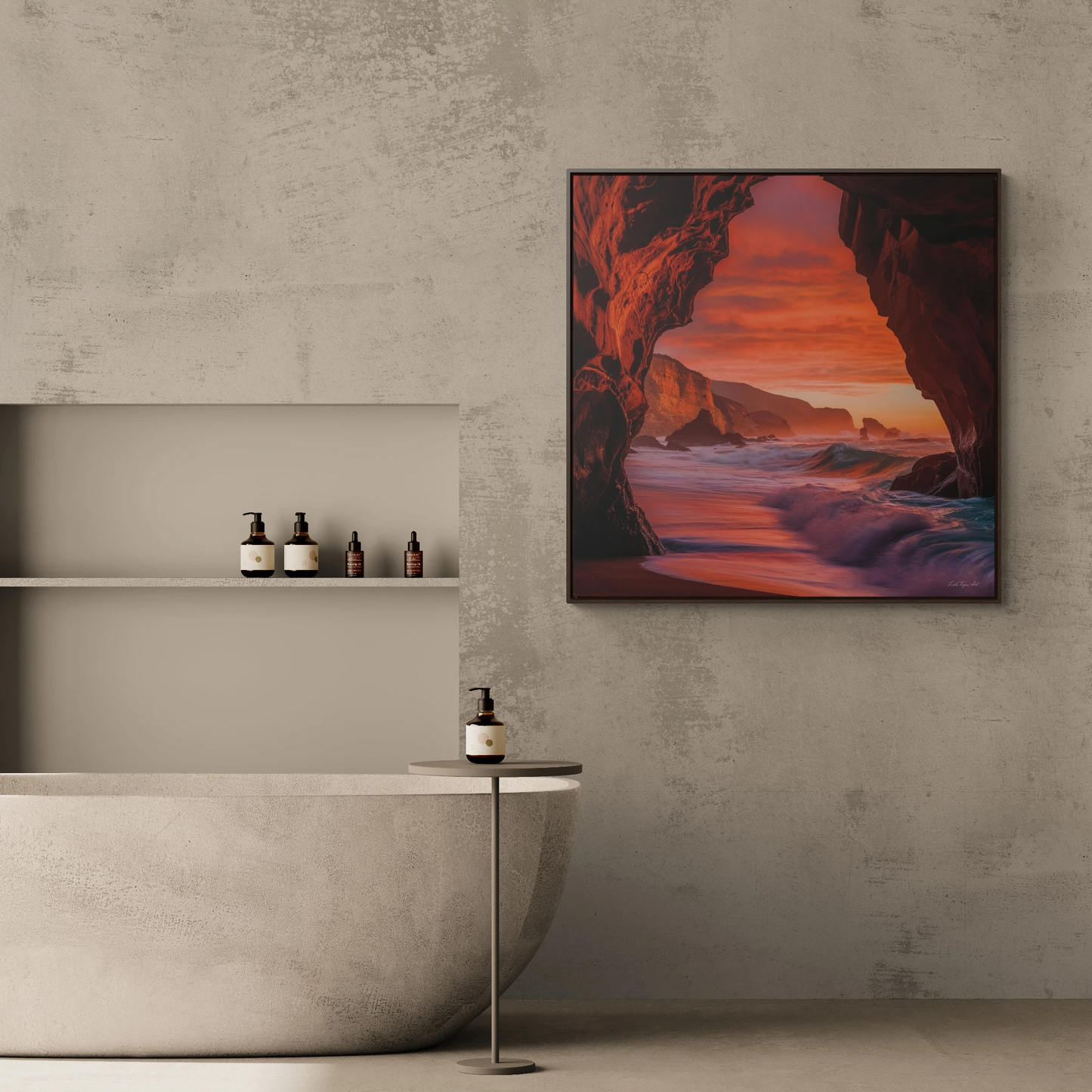 Ocean Beach Sunset Square Framed Canvas Wall Art, Coastal Gallery Canvas Wraps, Square Frame Decor, Beach Cave View Art Print Gift, Home - LOLA VEGAS ART