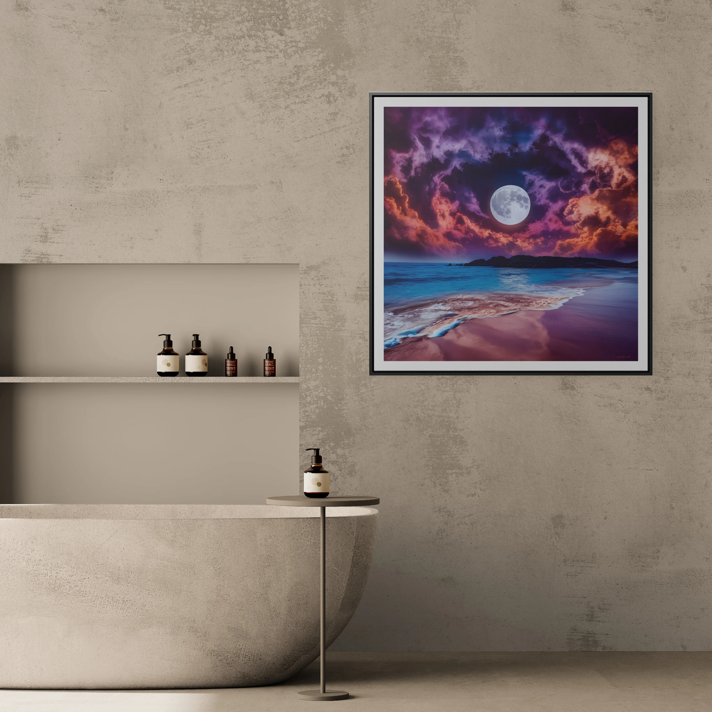 Beach Moon Square Canvas Wall Art, Ocean Night Sky Decor, Gallery Frame Print, Purple Orange Moonlight Photography, Coastal Home Gift - LOLA VEGAS ART