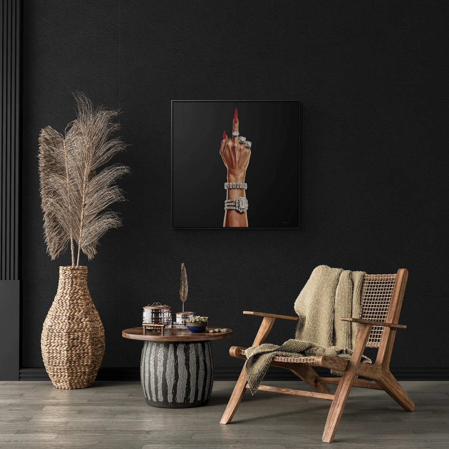 Canvas Wall Art, Feminist Artwork, Square Frame Decor, Bold Female Power, Glamorous Diamond Design, Rich Woman Flipping the Bird, Audacious - LOLA VEGAS ART