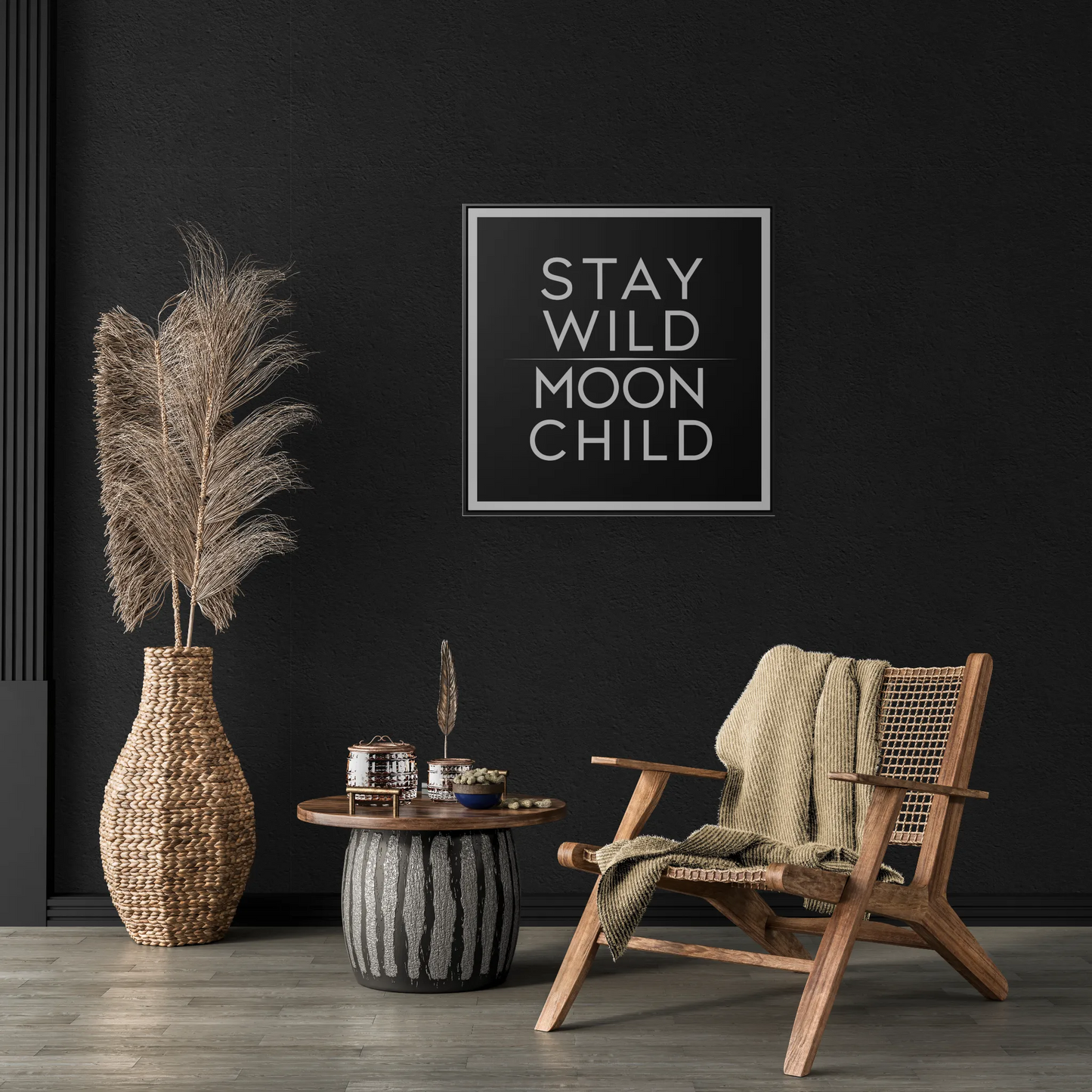 Square Frame Canvas Wall Art, Stay Wild Moon Child Typography Print, Black and White Home Decor, Gallery Canvas Wraps, Boho Wall Hanging, - LOLA VEGAS ART