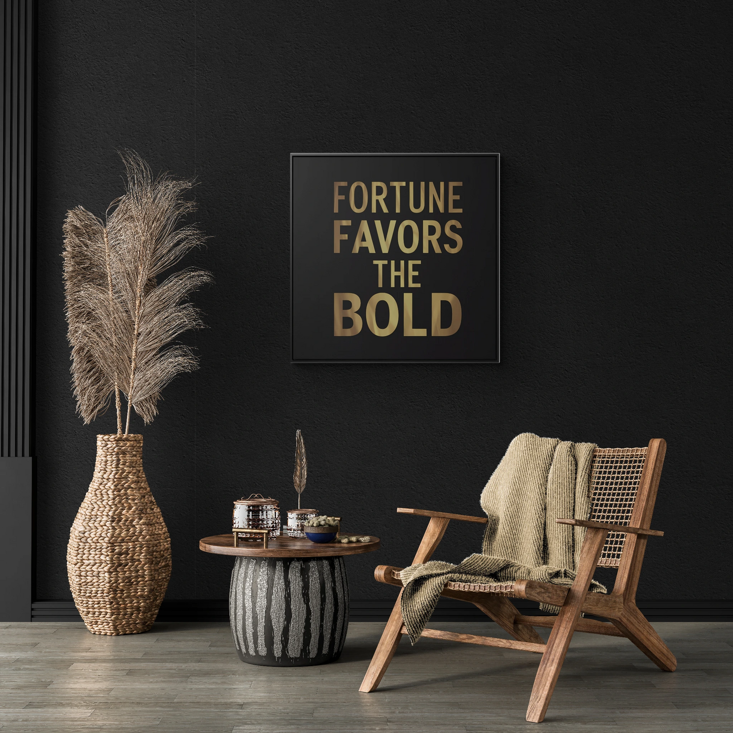 Inspirational Canvas Wall Art, Quote Fortune Favors The Bold, Black Square Frame, Ambitious Decor, Motivational Home Accent, Success Decor - LOLA VEGAS ART