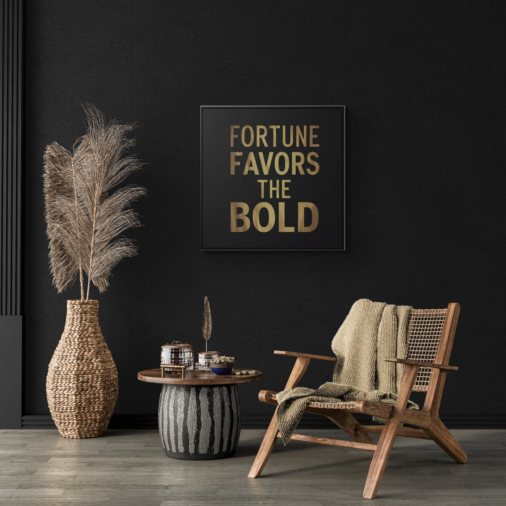 Inspirational Canvas Wall Art, Quote Fortune Favors The Bold, Black Square Frame, Ambitious Decor, Motivational Home Accent, Success Decor - LOLA VEGAS ART