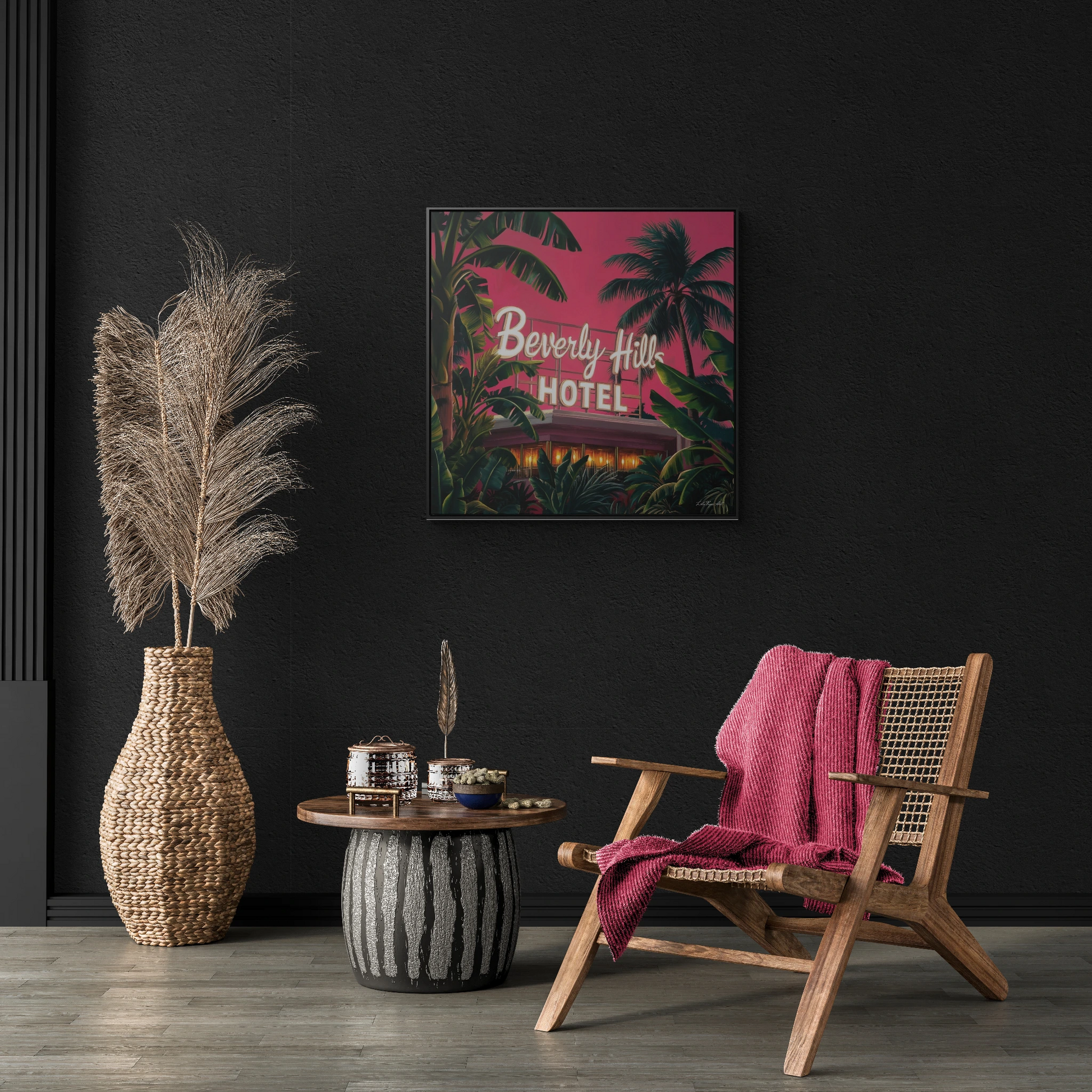 Square Frame Wall Art, Beverly Hills Hotel Retro Sign with Pink Sky and Palm Trees, Canvas Wrap, Home Decor, Gift for Her, Room Decoration - LOLA VEGAS ART
