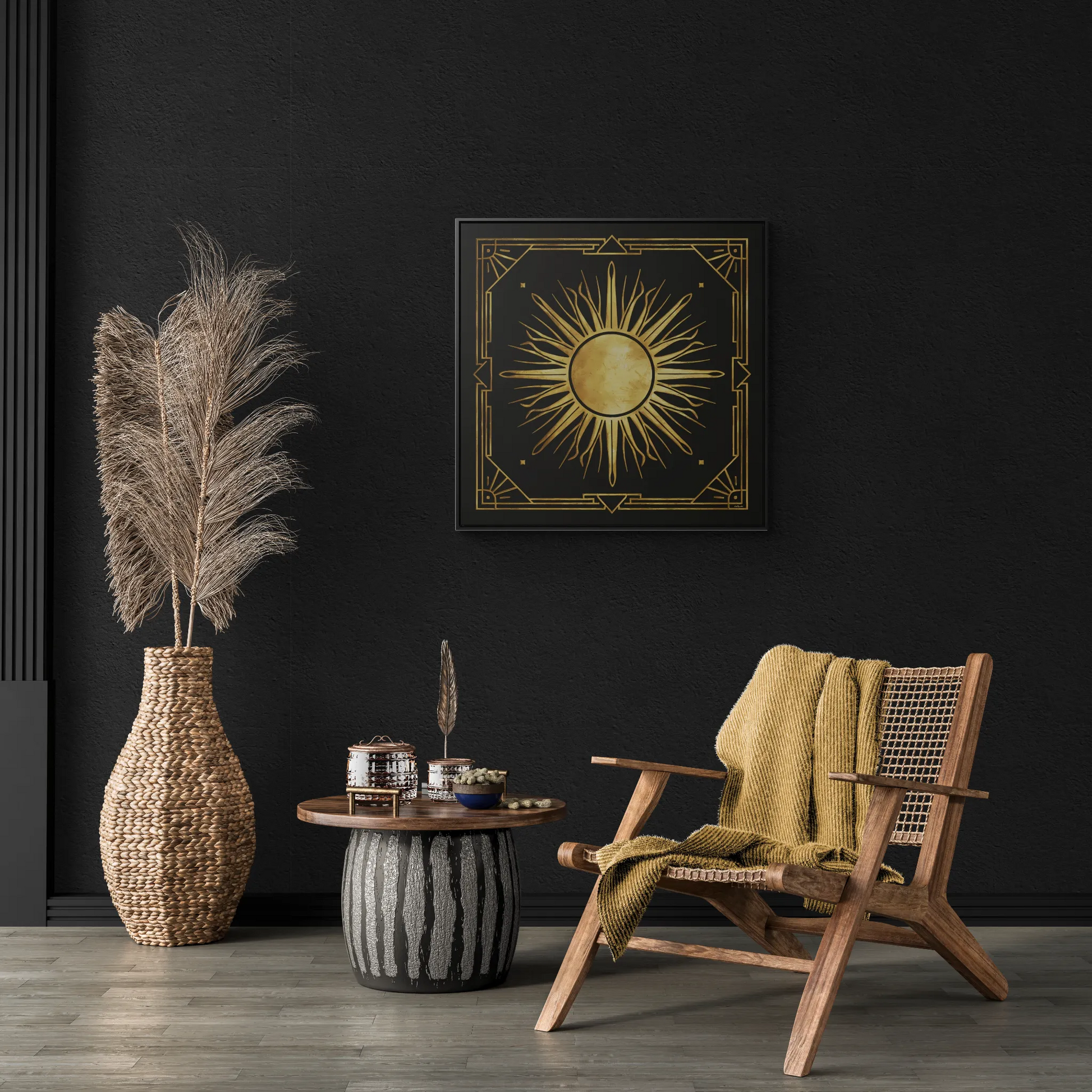 Canvas Wall Art, Black and Distressed Gold Art Deco Sun Square, Framed Decor, Dramatic Retro Style, Home Decoration, Square Frame - LOLA VEGAS ART