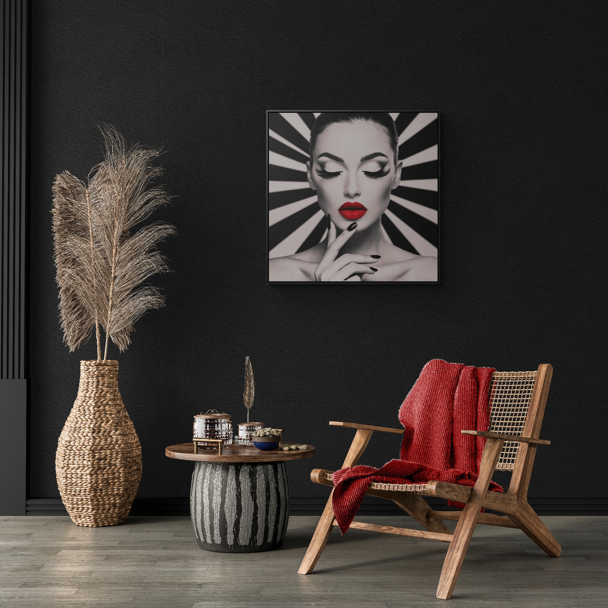 Fashionista Square Frame Canvas Wall Art, Hypnotic Woman Red Lipstick Fine Art Print, Dramatic Glam Decor, Gallery Canvas Wraps, Square - LOLA VEGAS ART