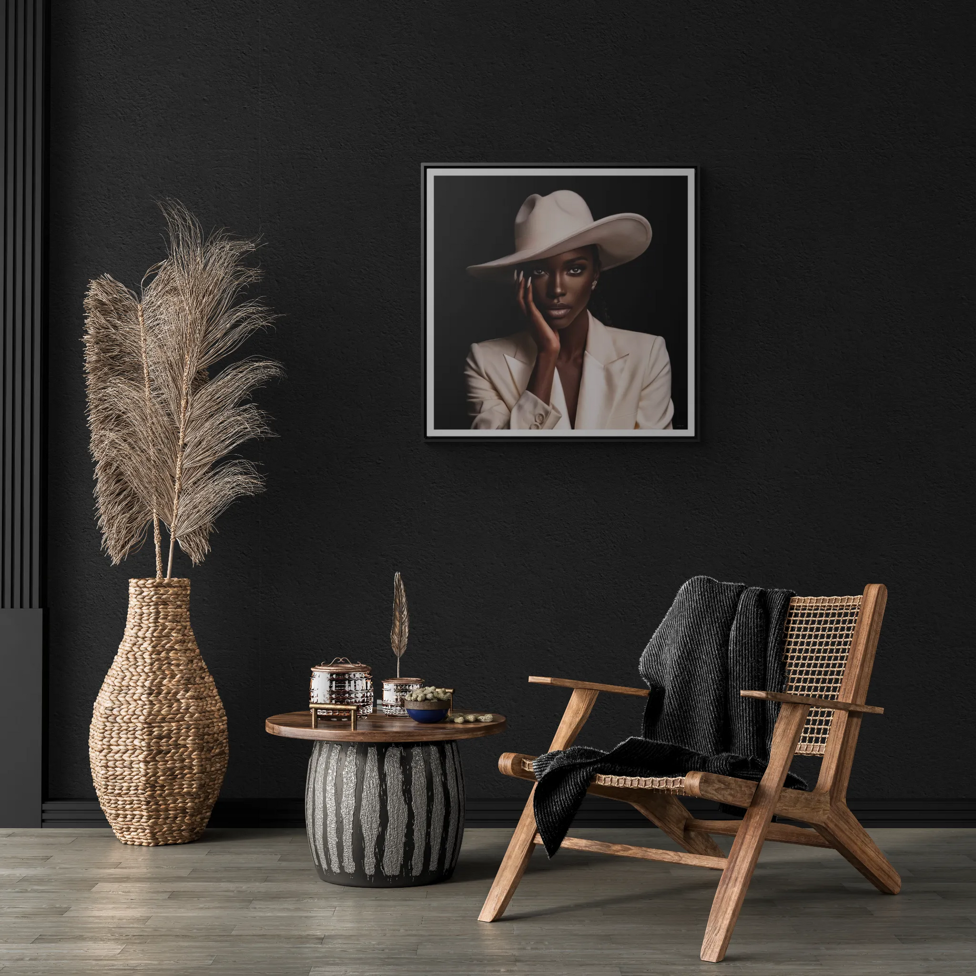 Canvas Wall Art - African Woman in White Hat Square Frame, Black Girl Magic Decor - LOLA VEGAS ART