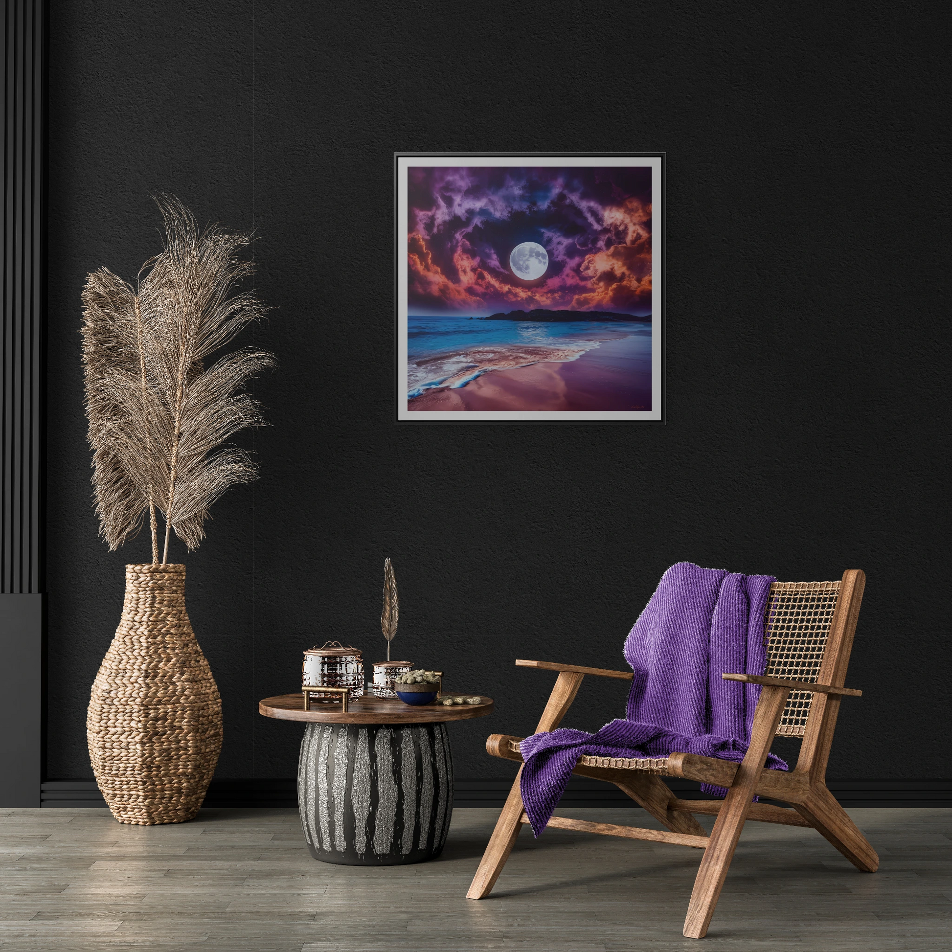 Beach Moon Square Canvas Wall Art, Ocean Night Sky Decor, Gallery Frame Print, Purple Orange Moonlight Photography, Coastal Home Gift - LOLA VEGAS ART