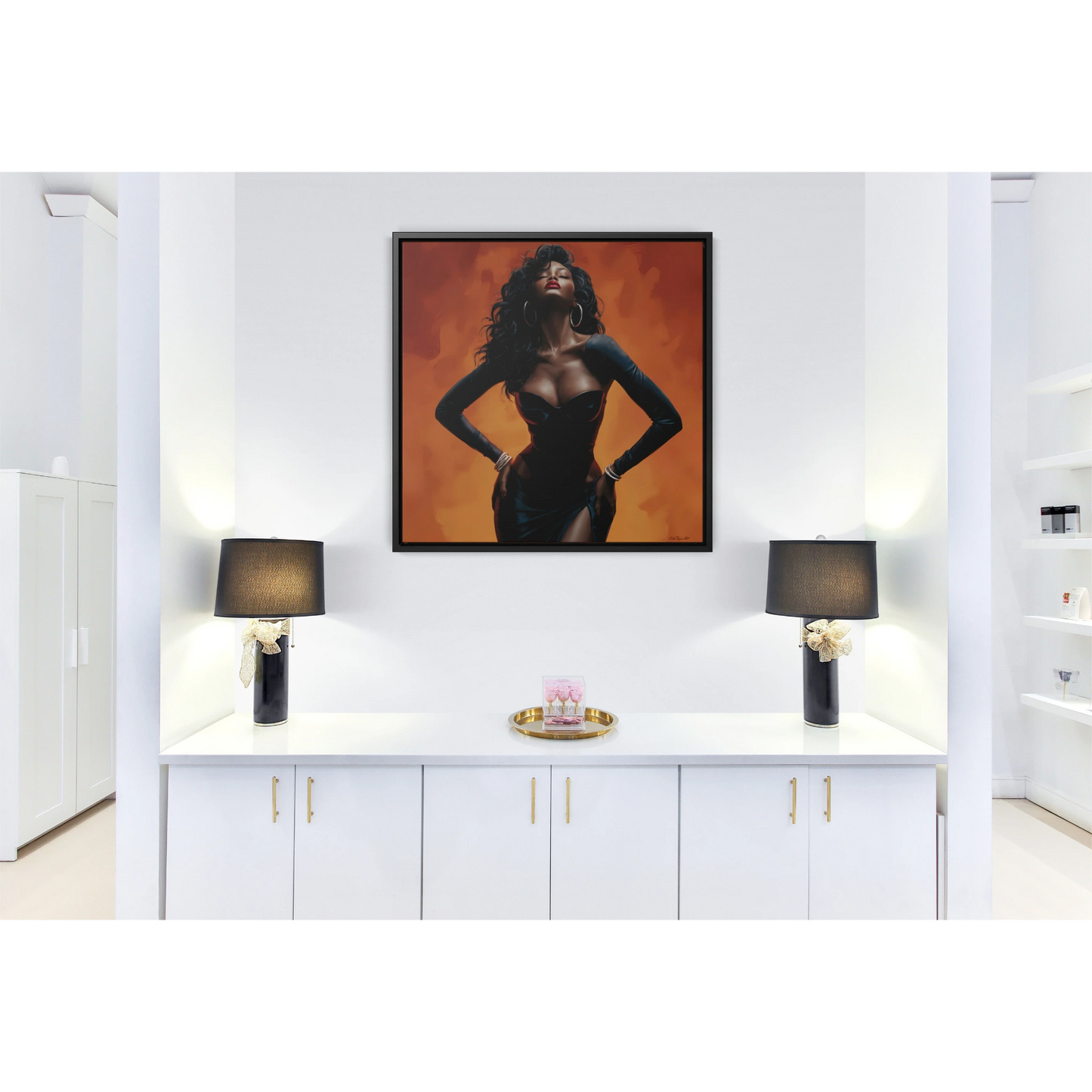Sun Goddess Square Framed Canvas Wall Art, Orange, Black Girl Magic, African American Art Decor, Ethnic Home Decor, Sexy, Neo Soul, Feminine - LOLA VEGAS ART