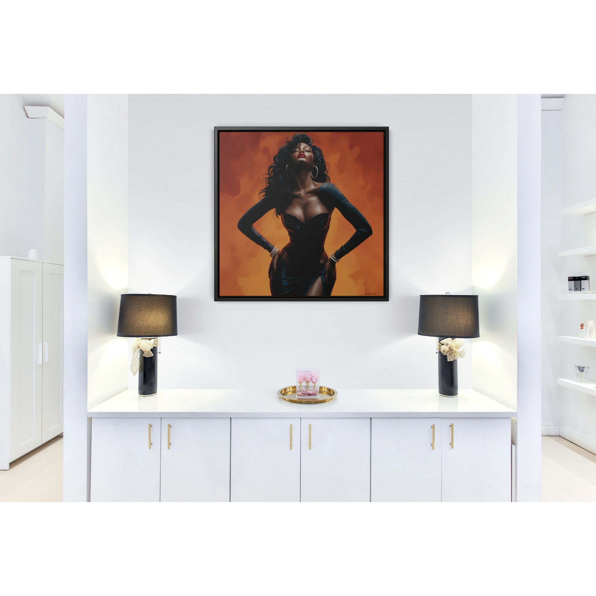 Sun Goddess Square Framed Canvas Wall Art, Orange, Black Girl Magic, African American Art Decor, Ethnic Home Decor, Sexy, Neo Soul, Feminine - LOLA VEGAS ART