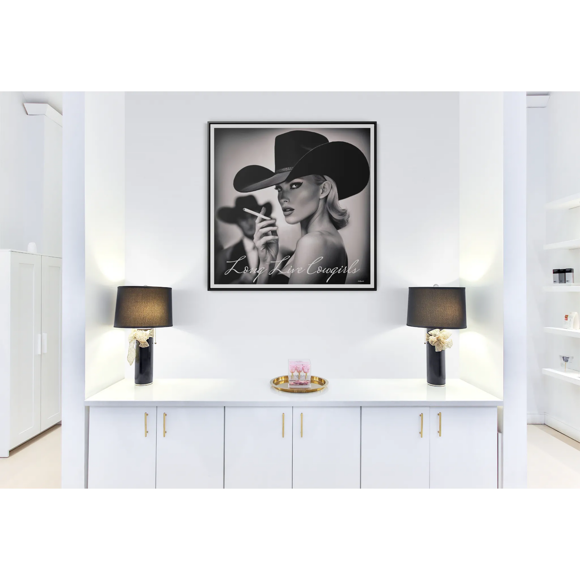 Square Frame Wall Art, Fashion Photography, Cowgirl Decor, Gallery Canvas Wraps, Glam Girl Gift, Black and White Photo Print - LOLA VEGAS ART