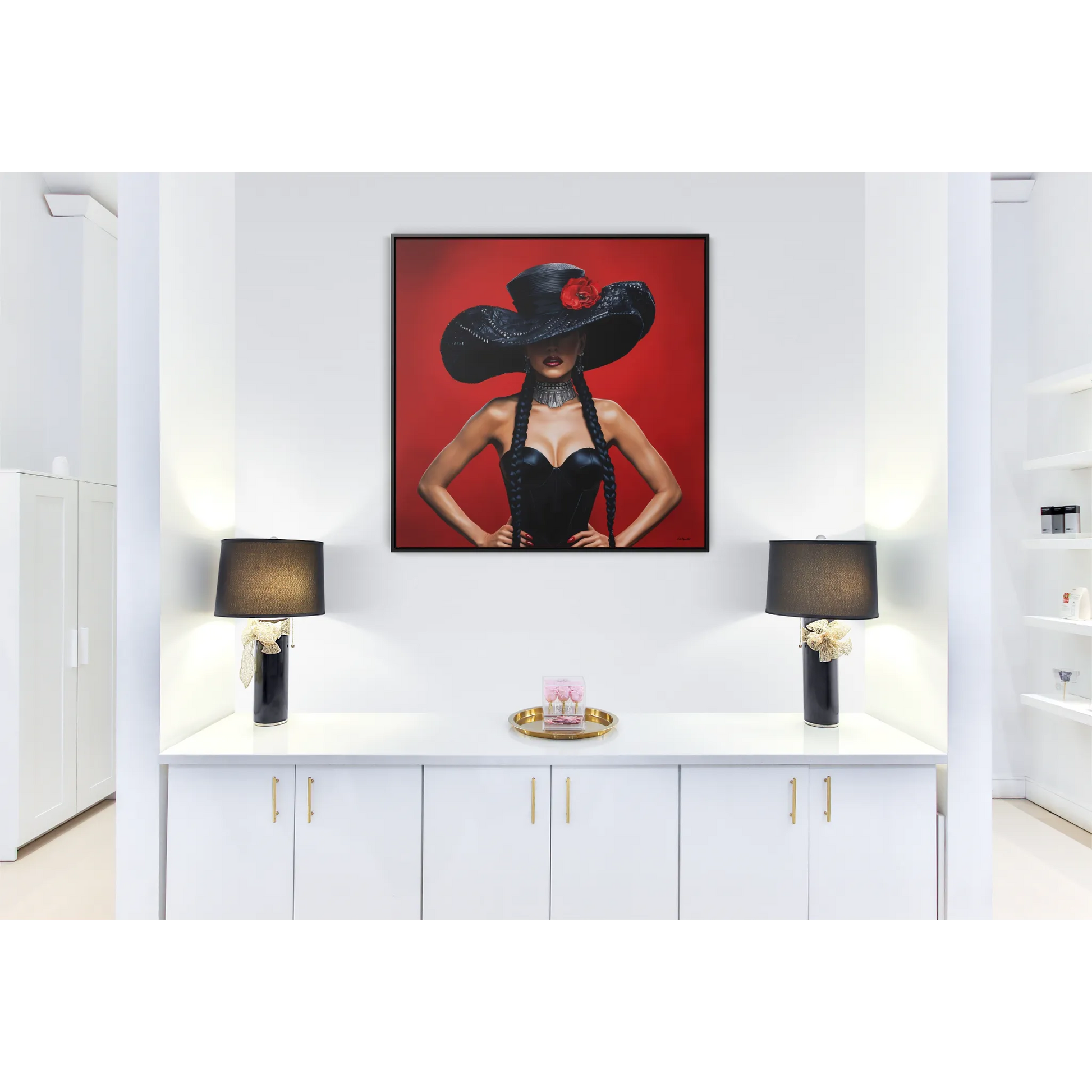 Square Canvas Wall Art, Latina Woman Black Hat Red Flower, Feminine Home Decor, Eclectic Art, Gallery Canvas Wrap, Square Frame - LOLA VEGAS ART