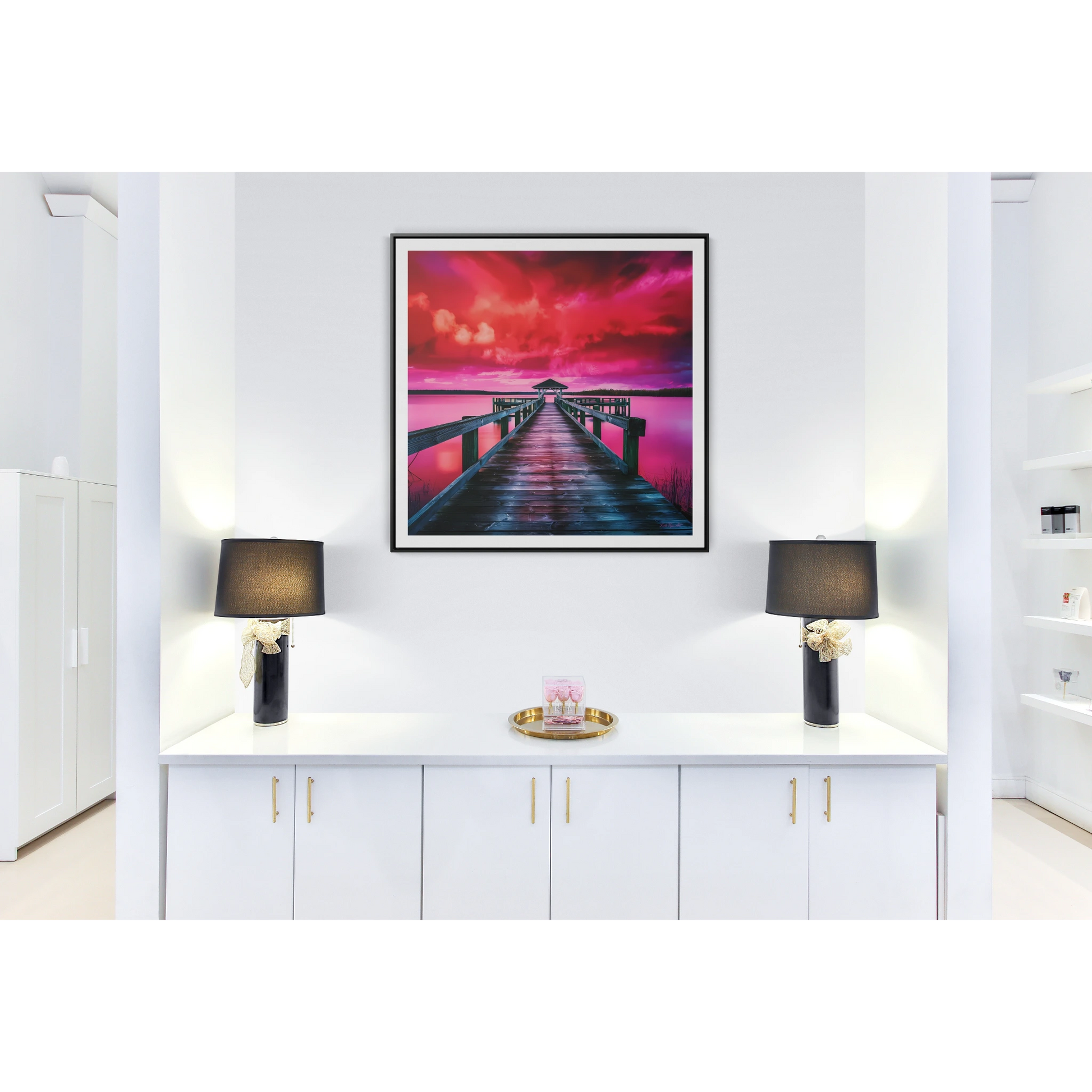 Serene Lake Dock Canvas Wall Art, Square Frame Landscape Print, Peaceful Nature Gallery Wrap, Stunning Pink and Red Sky Decor, Calm Water - LOLA VEGAS ART