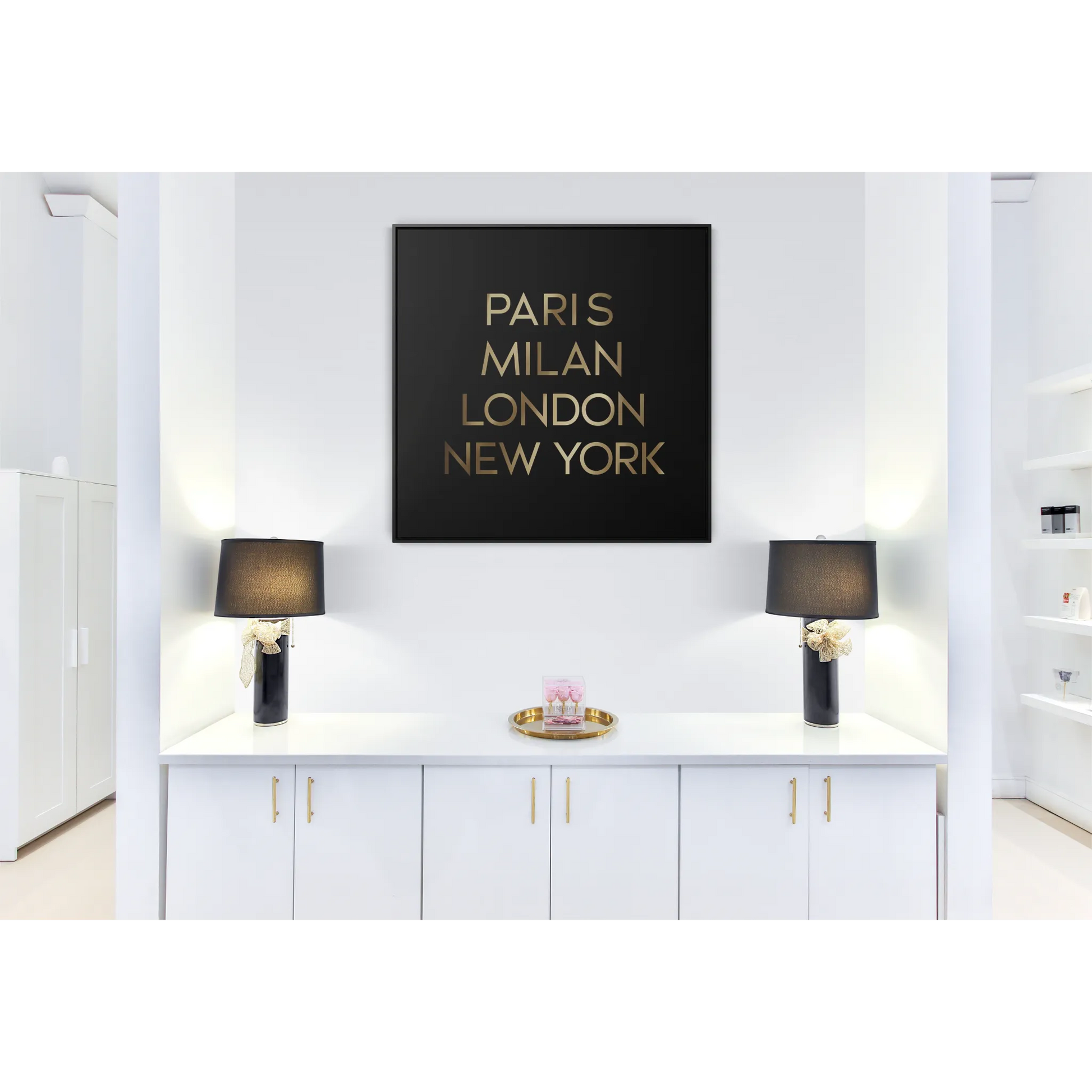 Fashion Cities Gallery Canvas Wall Art, Black Typography Square Frame, Paris Milan London New York, Home Decor - LOLA VEGAS ART