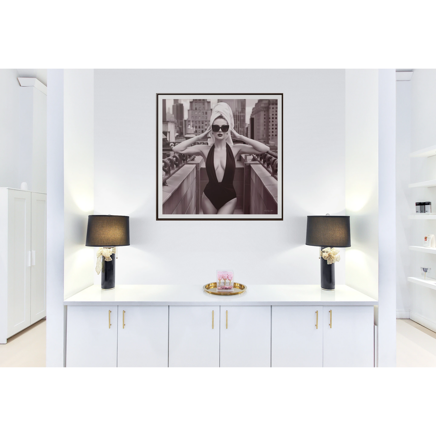 Fashion Model Sepia Art Canvas Wall Wrap, NYC Rooftop Glam Decor, Sexy Swimsuit Square Frame Art, Fashionista Wall Decor, City Chic Home - LOLA VEGAS ART