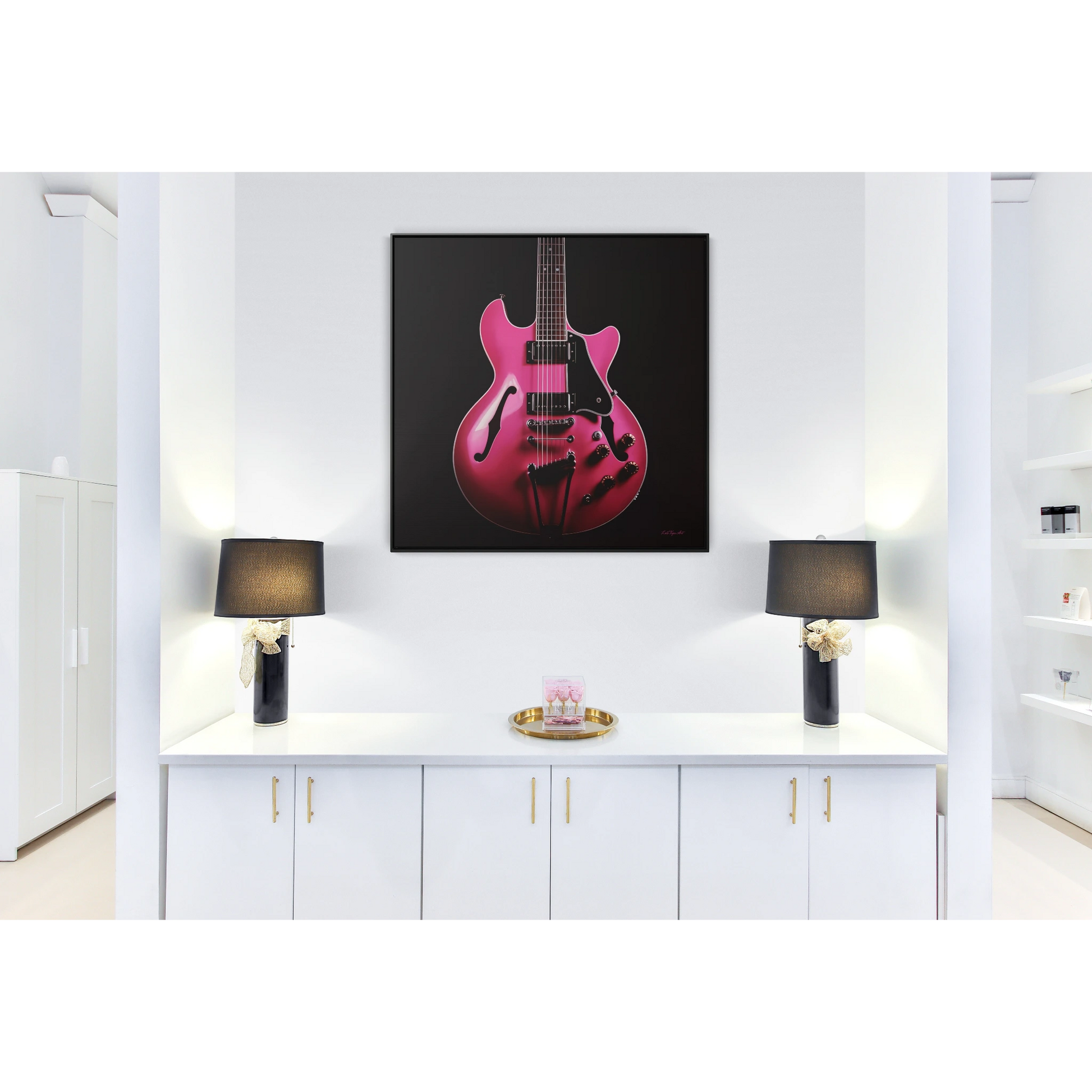 Square Frame Canvas Wall Art, Fine Art Hot Pink Electric Guitar Photography for Guitar Lovers - Hip & Dramatic Decor, Gallery Frames, Music - LOLA VEGAS ART