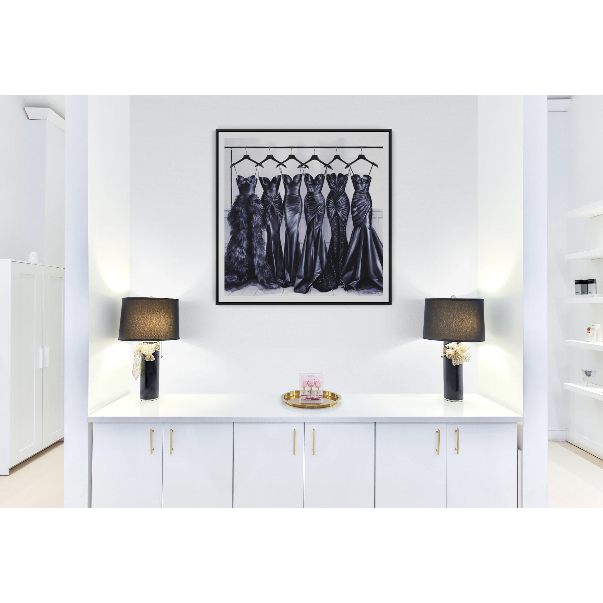 Fashion Wall Art Square Frame, Black Evening Gowns Canvas, Hollywood Regency Glam Home Decor, Gallery Canvas Wraps, Square Frame, Square - LOLA VEGAS ART