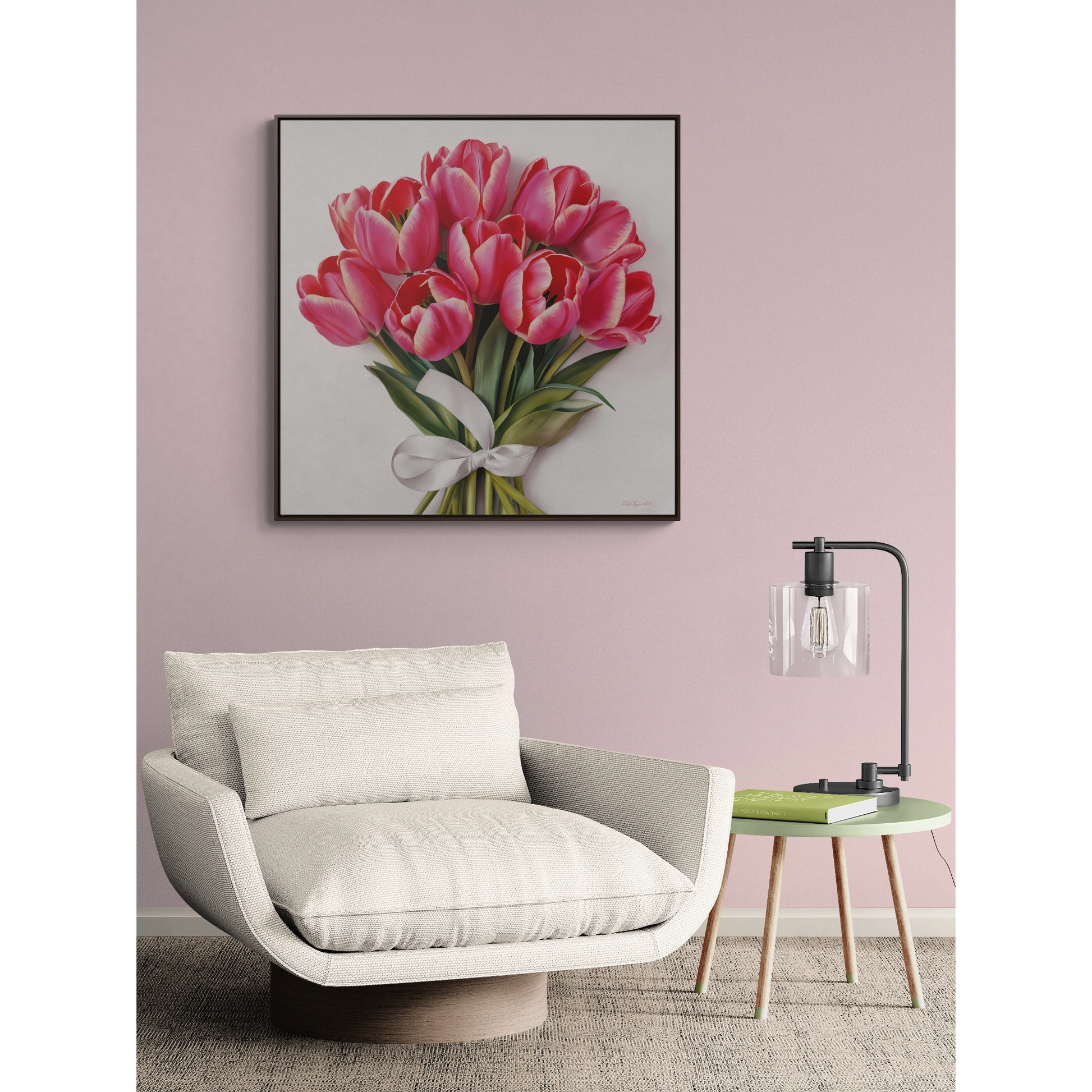Square Frame Canvas Wall Art, Feminine Pink Tulips Bouquet Gallery Wrap, Home Decor Gift, Floral Print, Living Room Decoration - LOLA VEGAS ART