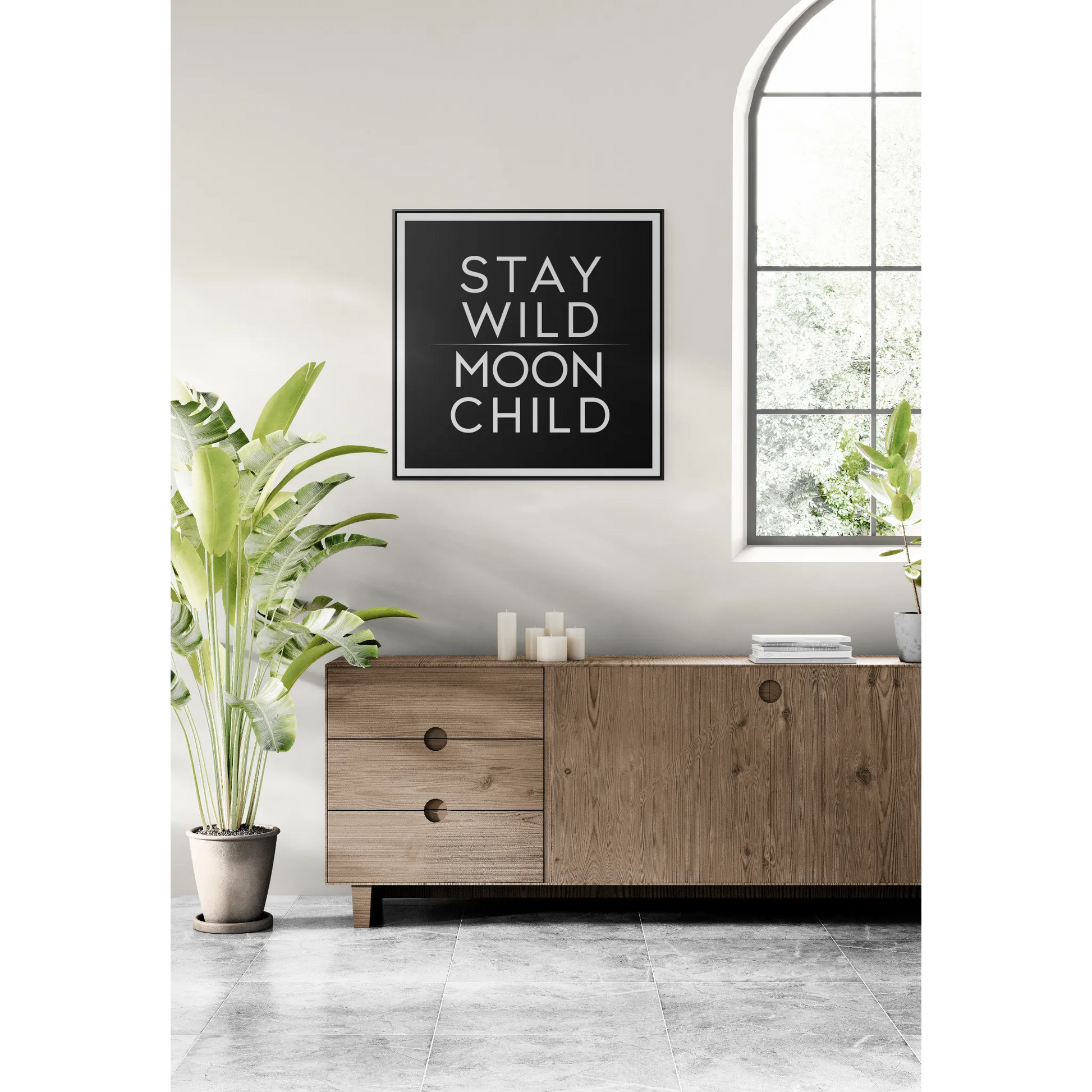 Square Frame Canvas Wall Art, Stay Wild Moon Child Typography Print, Black and White Home Decor, Gallery Canvas Wraps, Boho Wall Hanging, - LOLA VEGAS ART