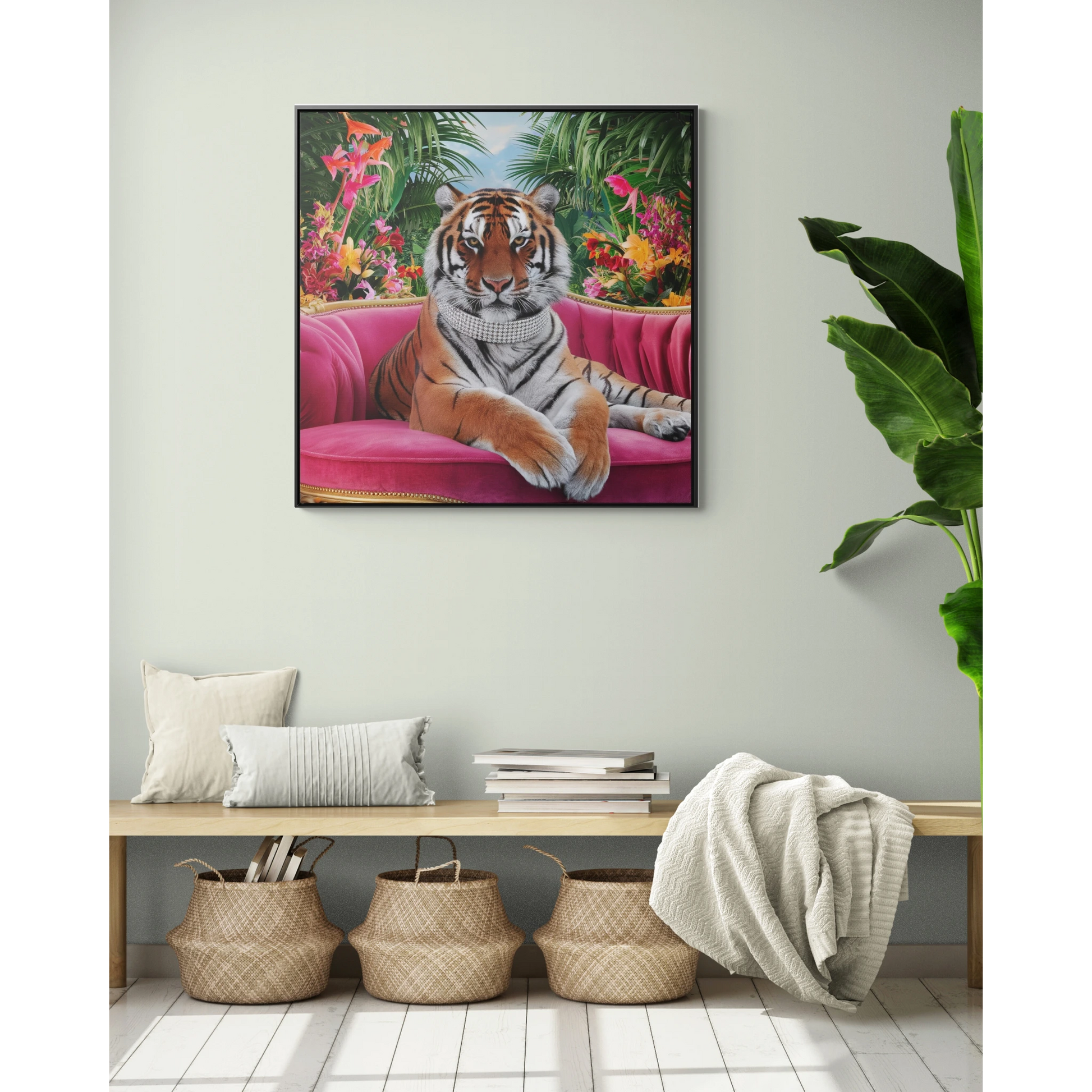 Tiger Square Canvas Wrap Wall Art, Majestic Tropical Flowers Regal Nature Home Decor, Pink Velvet Couch Animal Print, Jungle Theme Room - LOLA VEGAS ART