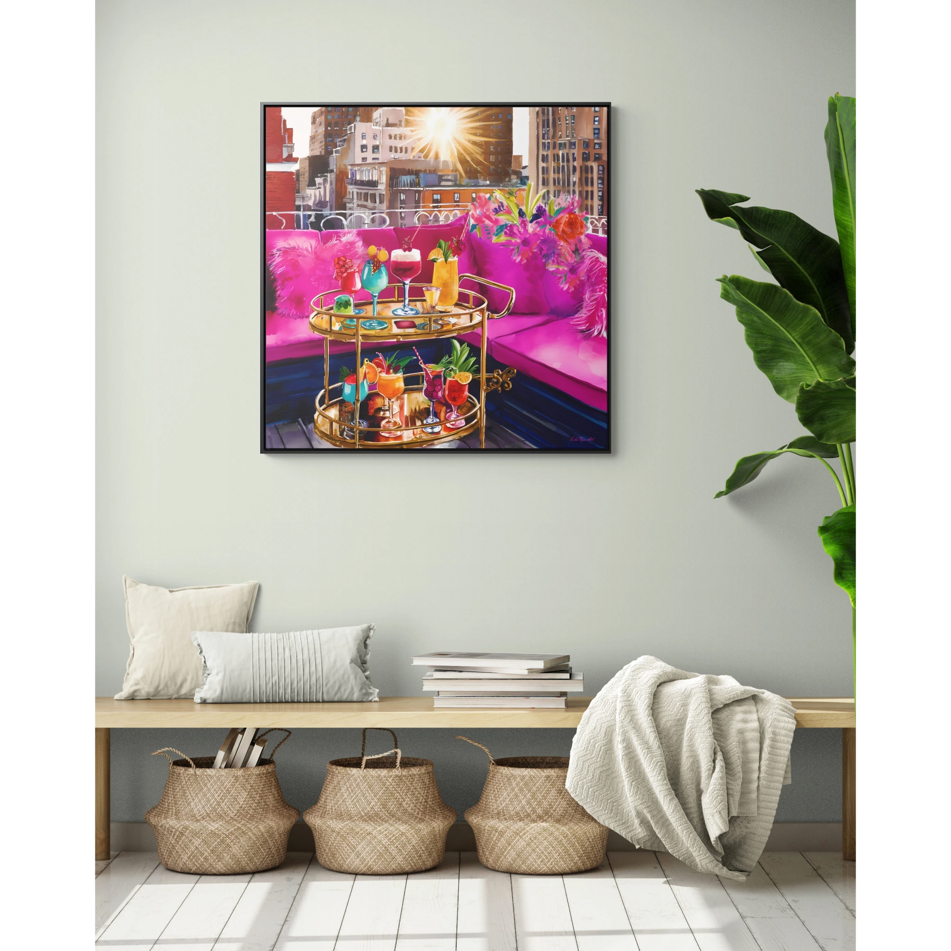 Fashionista Square Canvas Wall Art NYC Rooftop Deck, Hot Pink Couch, Cocktails, Glamorous & Feminine, Pink Decor, Trendy, Glam Girl - LOLA VEGAS ART