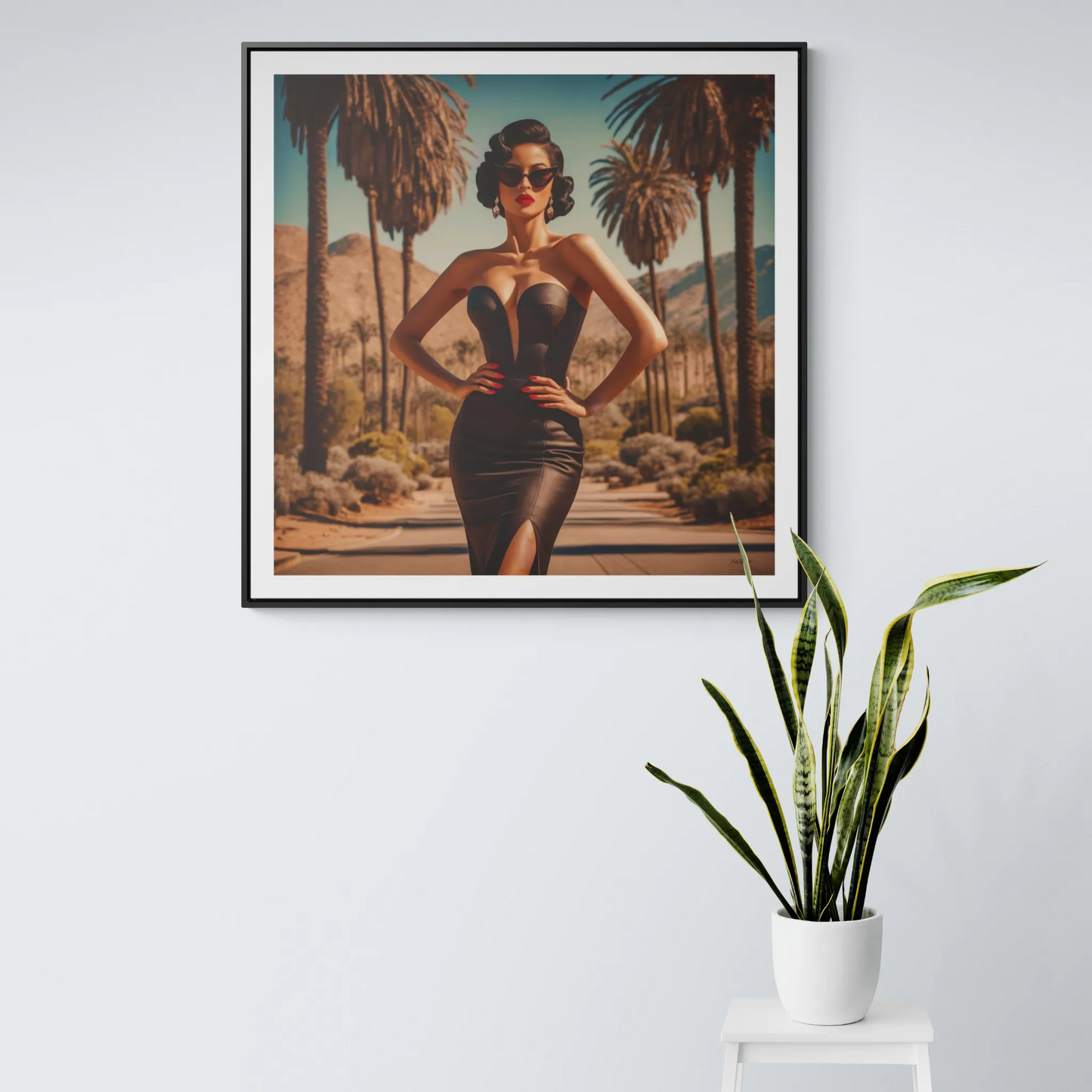 Canvas Wall Art, Glamorous Retro Woman in Palm Springs Square Frame, Fashion Glam Home Decor, Wall Hanging, Gift for Her, Home Office Decor, - LOLA VEGAS ART