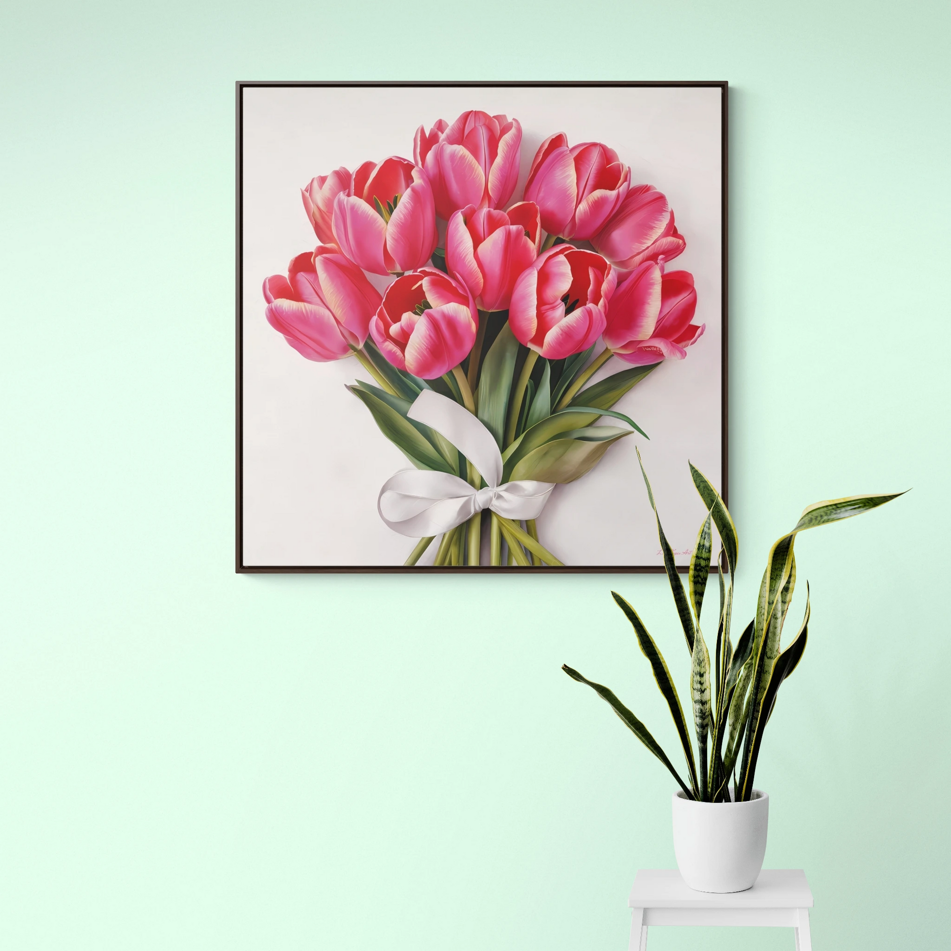 Square Frame Canvas Wall Art, Feminine Pink Tulips Bouquet Gallery Wrap, Home Decor Gift, Floral Print, Living Room Decoration - LOLA VEGAS ART