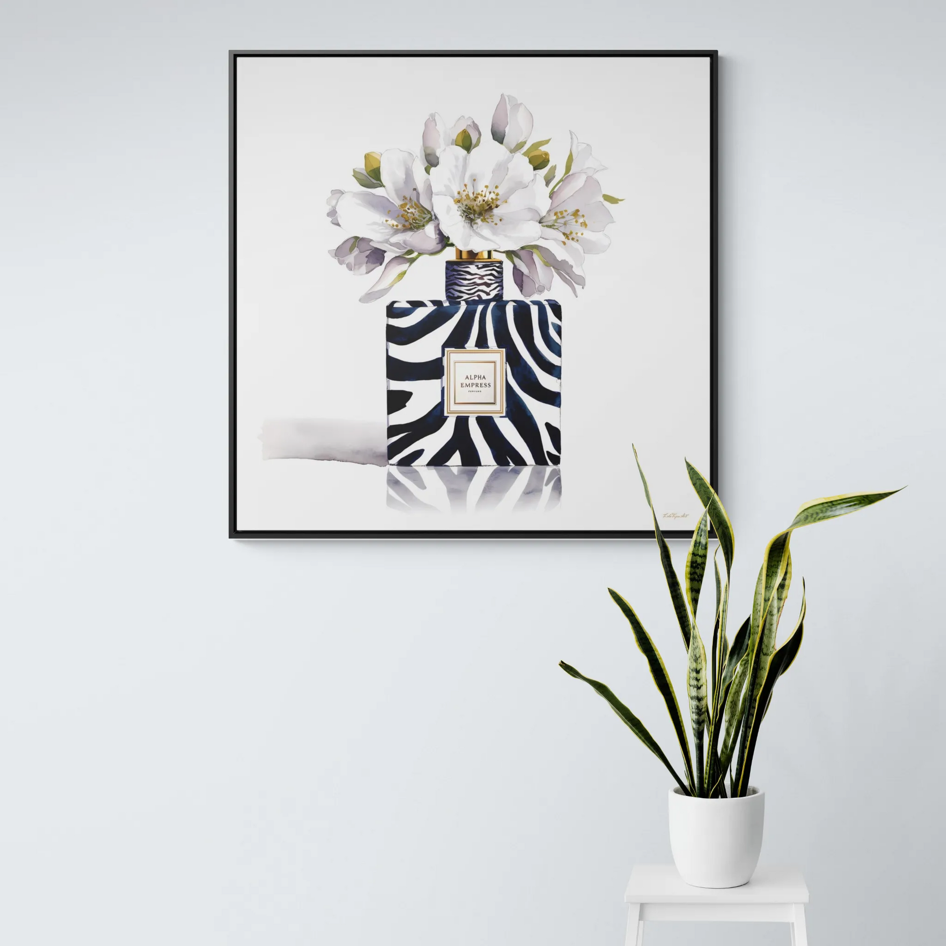 Framed Canvas Wall Art - Watercolor Zebra Perfume Bottle 'ALPHA EMPRESS' with White Flowers Print - LOLA VEGAS ART