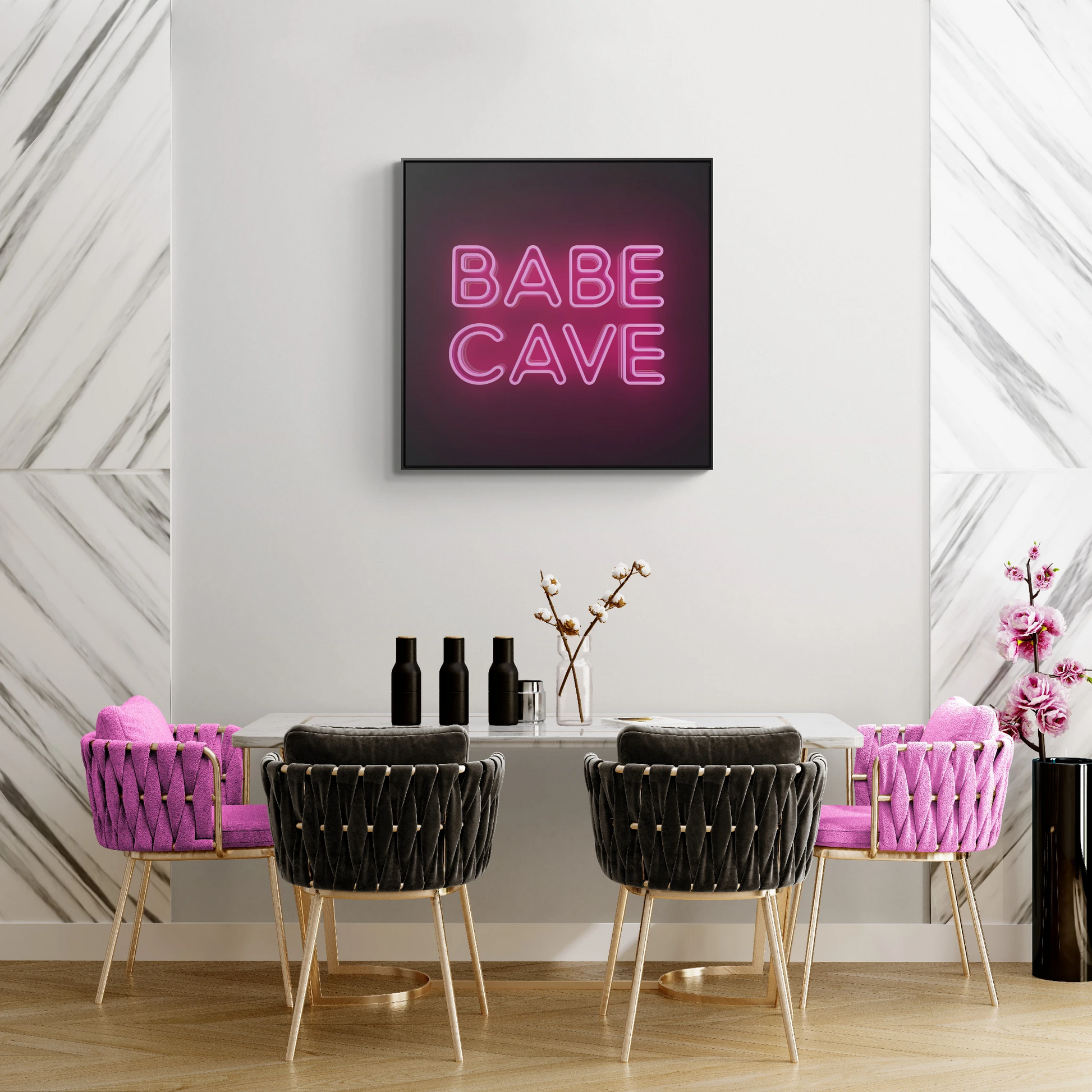 Canvas Wall Art Babe Cave, Feminine Pink Neon Typography Square Framed Decor, Square Frame Wall Hanging, Trendy Gallery Canvas Print, Home - LOLA VEGAS ART