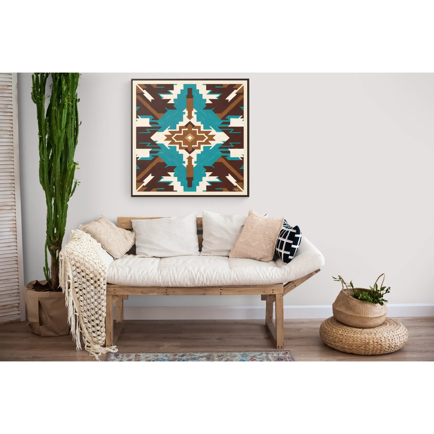 Framed Canvas Art, Native American Boho Wall Decor, Ethnic Home Decoration, Square Frame, Gallery Canvas, Turquoise and Brown Design - LOLA VEGAS ART