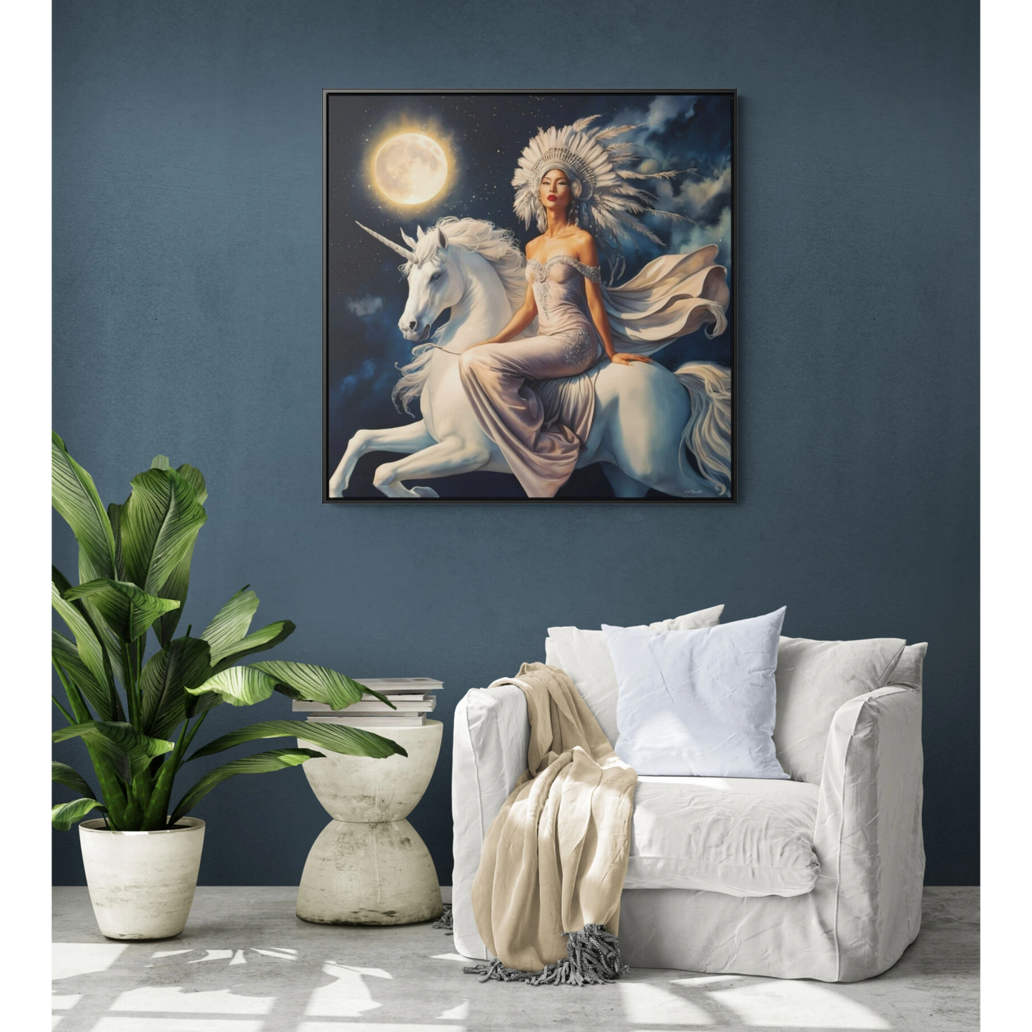 Fantasy Princess Unicorn Square Canvas Wall Art, Night Full Moon Square Frame, Nursery Decor, Boho Chic Gift, Home Decor - LOLA VEGAS ART