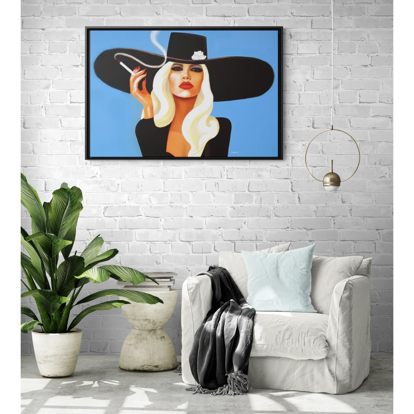glamorous blonde woman smoking a cigarette in a big black hat framed canvas wall art, wall art living room framed, woman decor, portrait - LOLA VEGAS ART