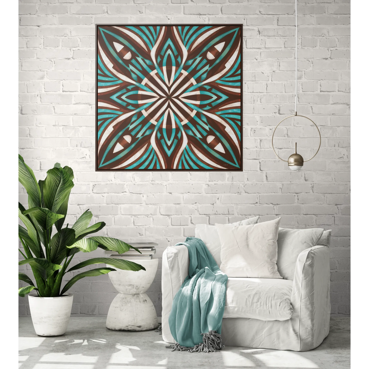 Southwestern Square Canvas Wall Art - Boho Ethnic Home Decor, Turquoise Brown White Frame, Gallery Canvas Wraps - LOLA VEGAS ART