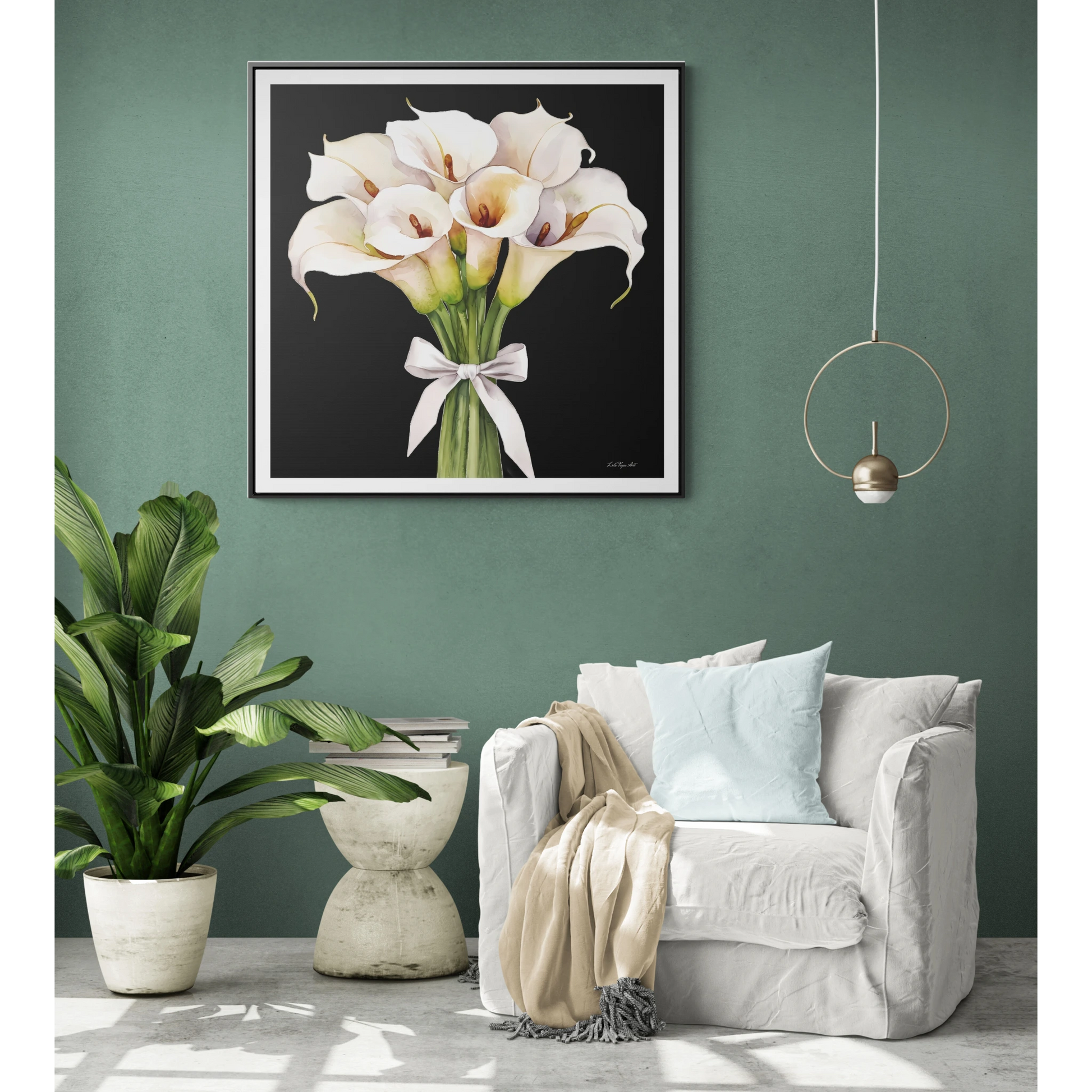 Square Frame Canvas Wall Art - White Calla Lillies Bouquet Painting, Gallery Canvas Wraps, Square Frame, Home Decor, Floral Art, Black - LOLA VEGAS ART