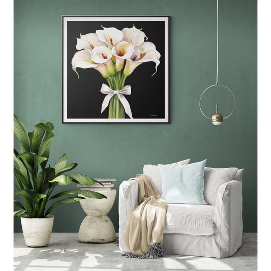 Square Frame Canvas Wall Art - White Calla Lillies Bouquet Painting, Gallery Canvas Wraps, Square Frame, Home Decor, Floral Art, Black - LOLA VEGAS ART