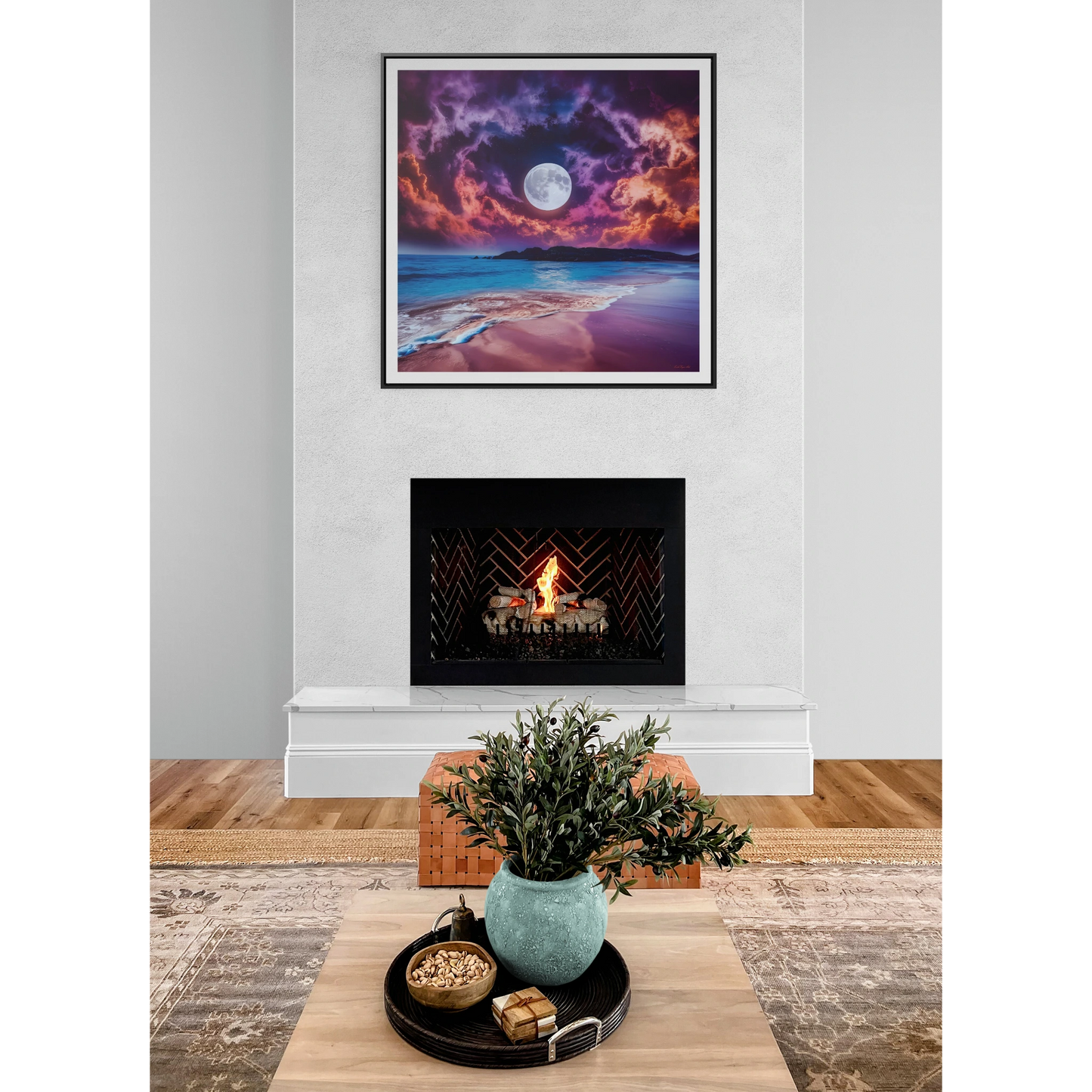 Beach Moon Square Canvas Wall Art, Ocean Night Sky Decor, Gallery Frame Print, Purple Orange Moonlight Photography, Coastal Home Gift - LOLA VEGAS ART