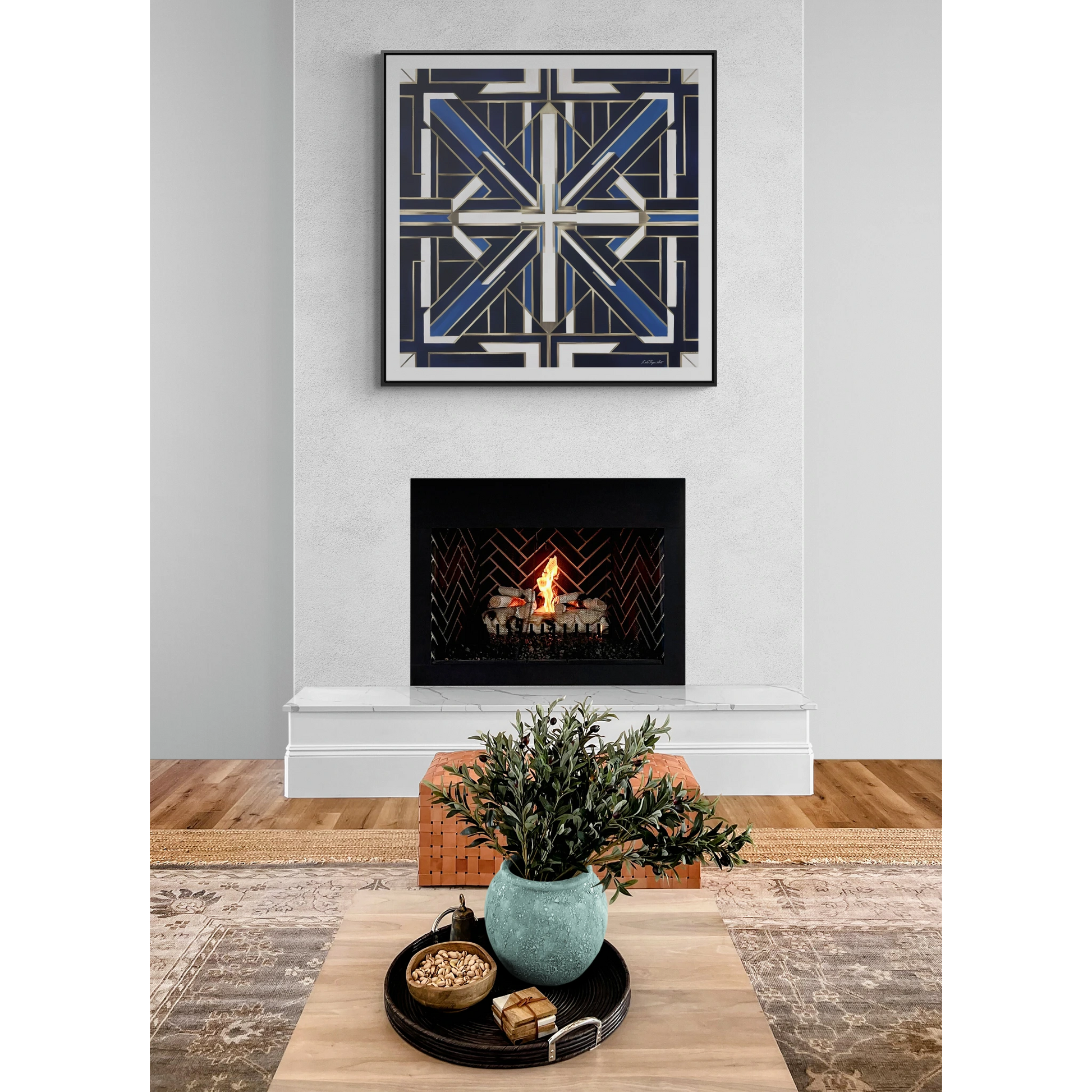 Art Deco Square Frame Canvas Wall Art, Blue and White Gallery Canvas Wraps, Home Decor, Geometric Design, Modern Wall Hanging, Office Decor - LOLA VEGAS ART