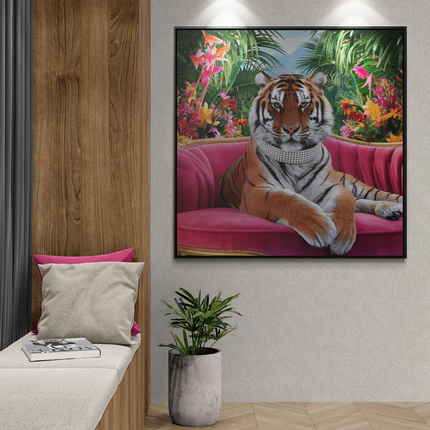 Tiger Square Canvas Wrap Wall Art, Majestic Tropical Flowers Regal Nature Home Decor, Pink Velvet Couch Animal Print, Jungle Theme Room - LOLA VEGAS ART