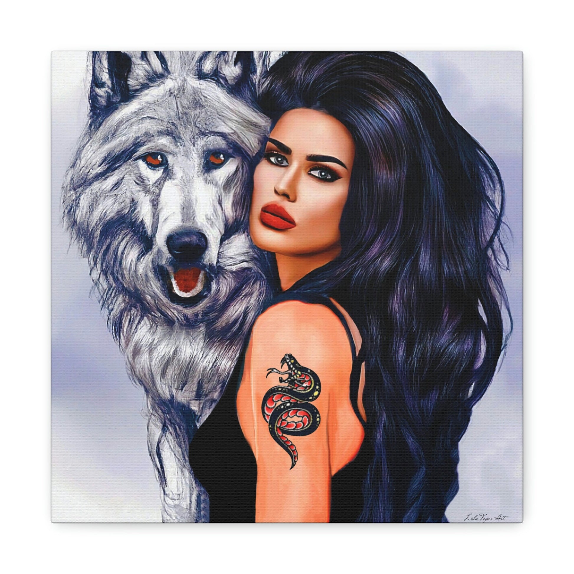 wall art animals, woman with wolf, fantasy art, wall art, wall art canvas, wall art dcor, large modern art, wolf, spirit animal - LOLA VEGAS ART