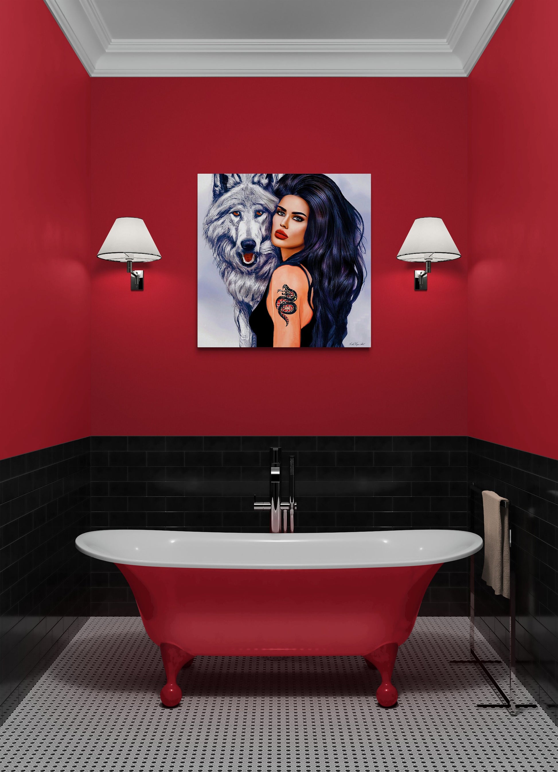 wall art animals, woman with wolf, fantasy art, wall art, wall art canvas, wall art dcor, large modern art, wolf, spirit animal - LOLA VEGAS ART