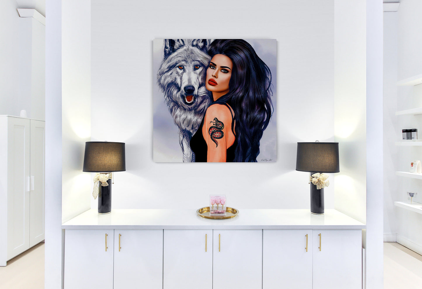 wall art animals, woman with wolf, fantasy art, wall art, wall art canvas, wall art dcor, large modern art, wolf, spirit animal - LOLA VEGAS ART