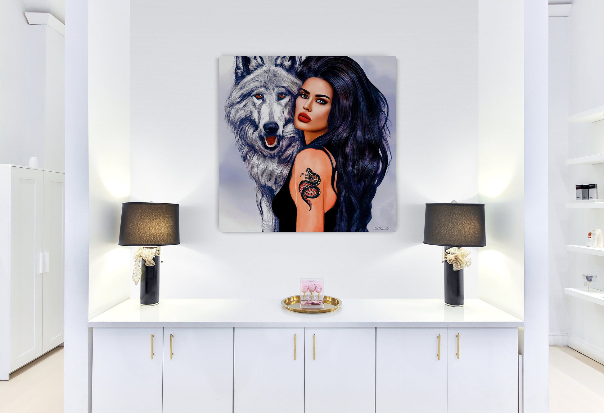 wall art animals, woman with wolf, fantasy art, wall art, wall art canvas, wall art dcor, large modern art, wolf, spirit animal - LOLA VEGAS ART