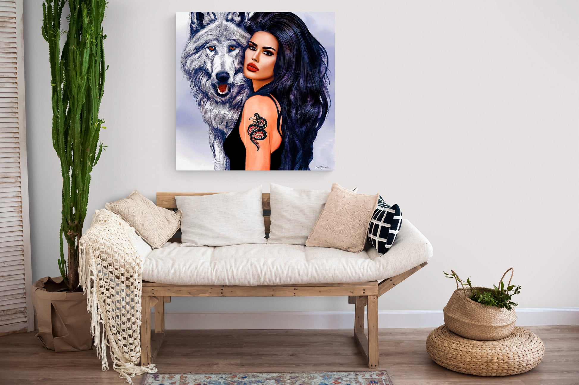 wall art animals, woman with wolf, fantasy art, wall art, wall art canvas, wall art dcor, large modern art, wolf, spirit animal - LOLA VEGAS ART