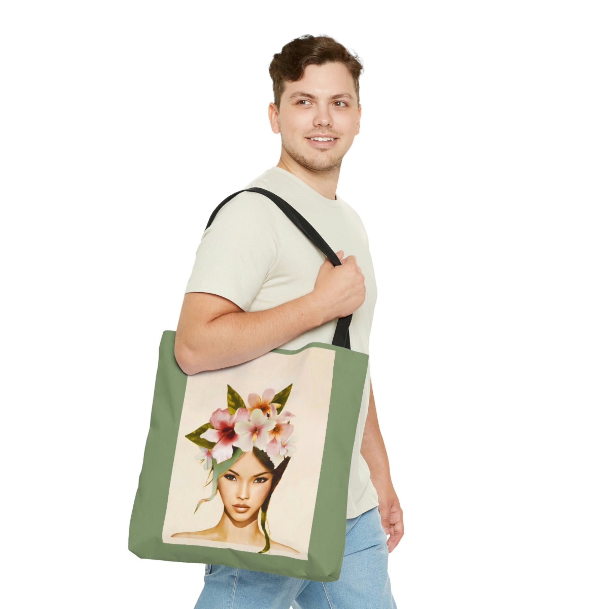 asian woman, flowers, bag, canvas bag, tote bag, gifts for women, canvas shopper, reusable bag, shopping bag, tote bag for women - LOLA VEGAS ART