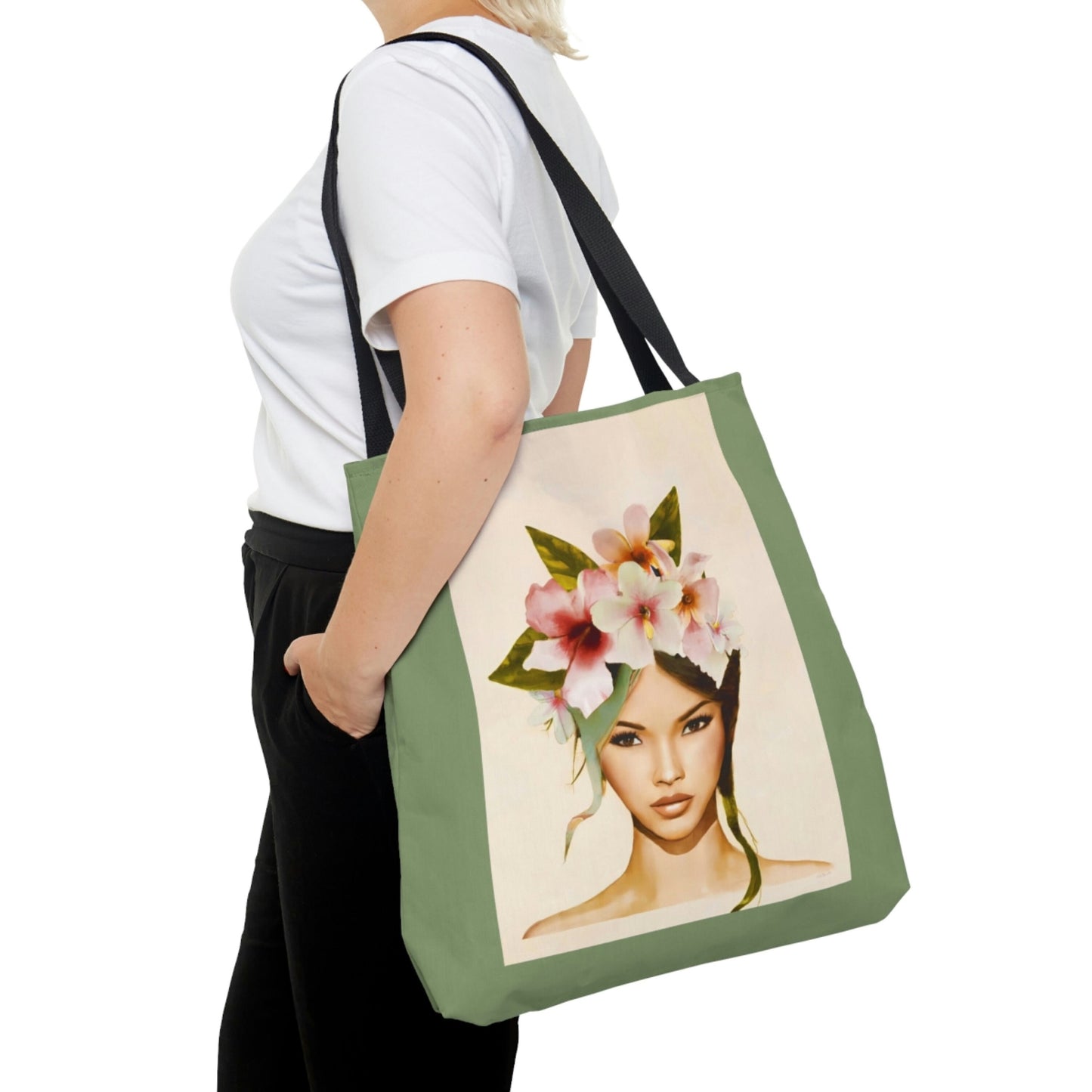 asian woman, flowers, bag, canvas bag, tote bag, gifts for women, canvas shopper, reusable bag, shopping bag, tote bag for women - LOLA VEGAS ART